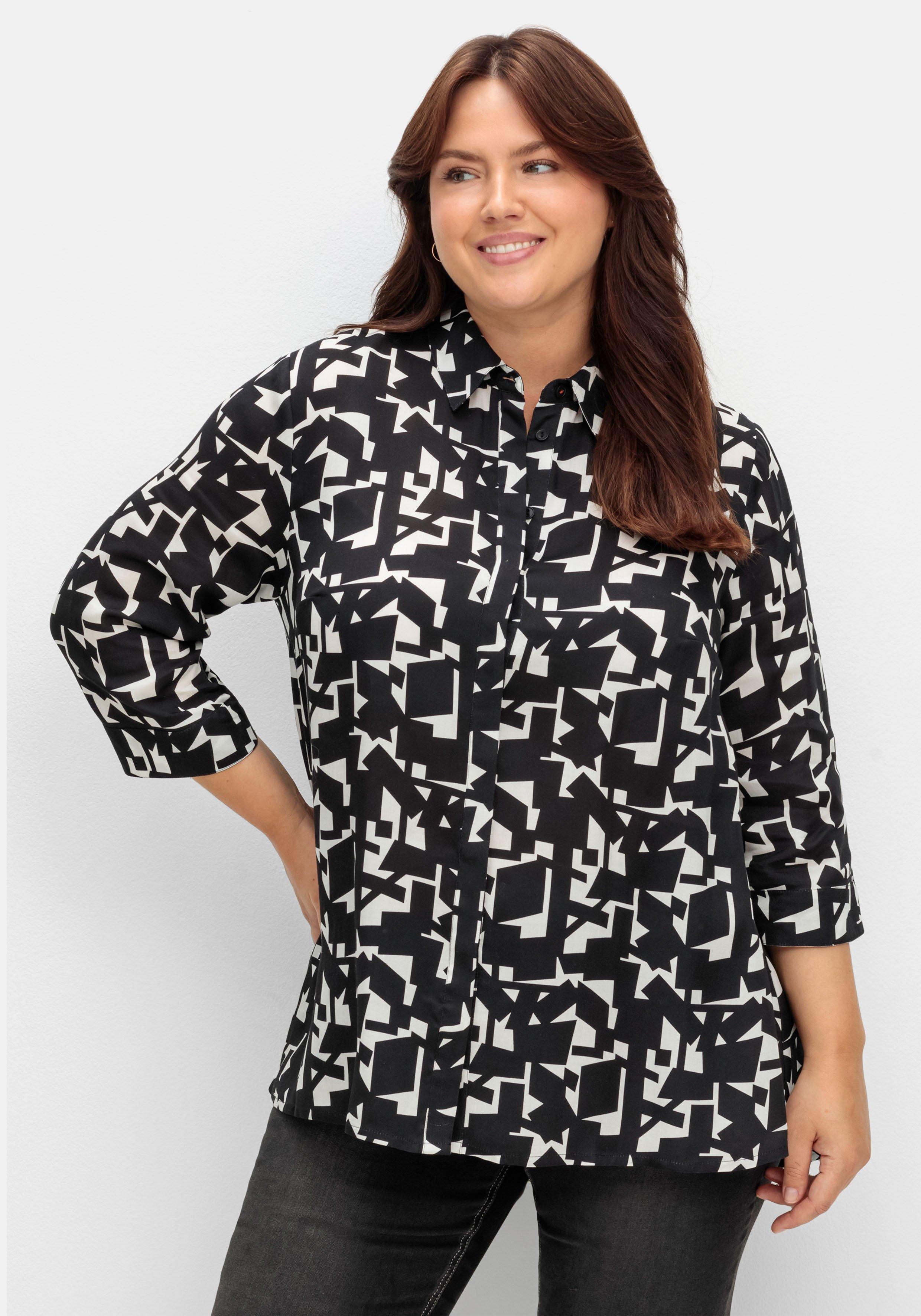 sheego Bluse in A-Linie, mit grafischem Print und 3/4-Arm - schwarz-weiß gemustert sheego