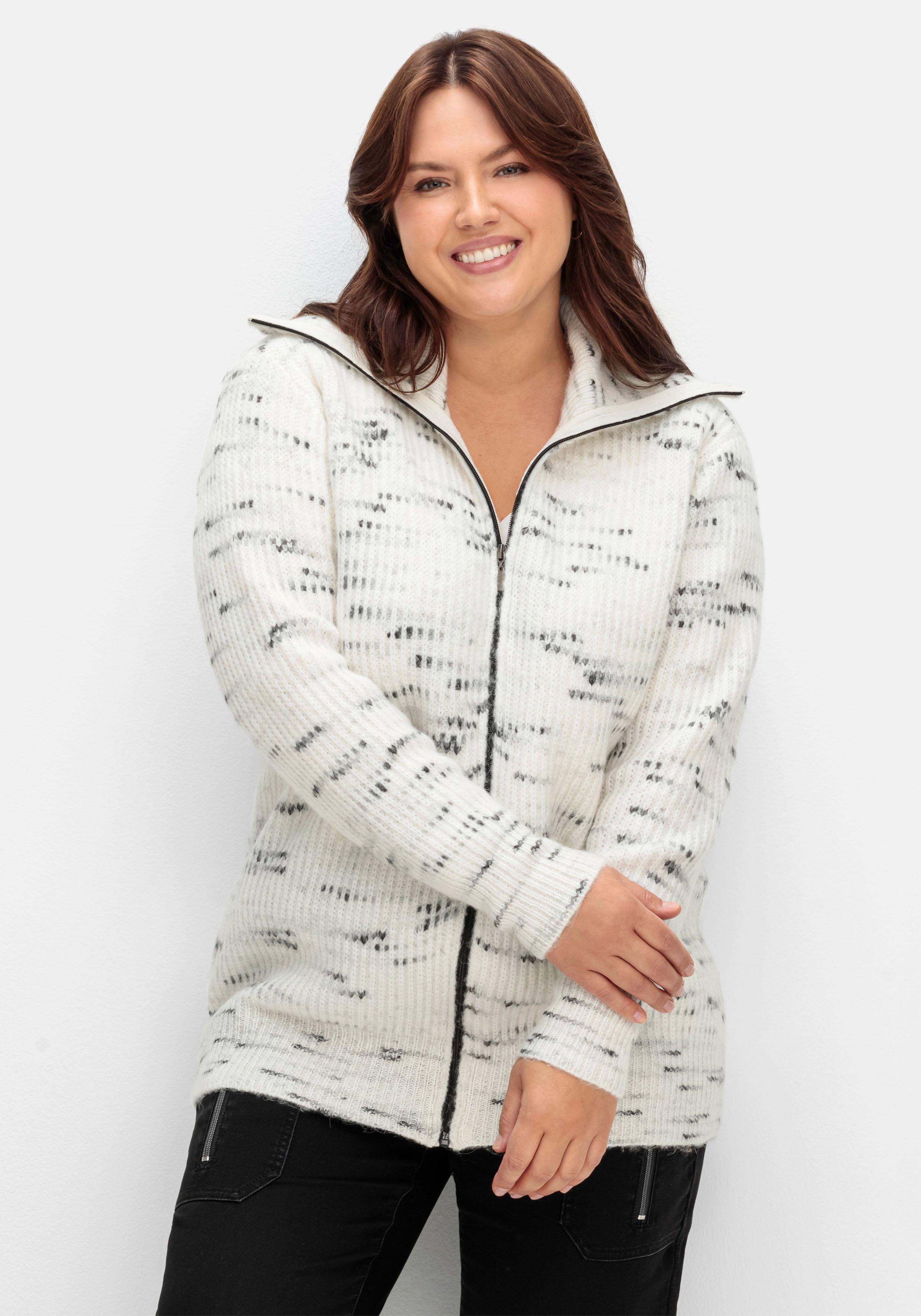 sheego Strickjacke mit Troyerkragen und Reißverschluss - offwhite-schwarz sheego