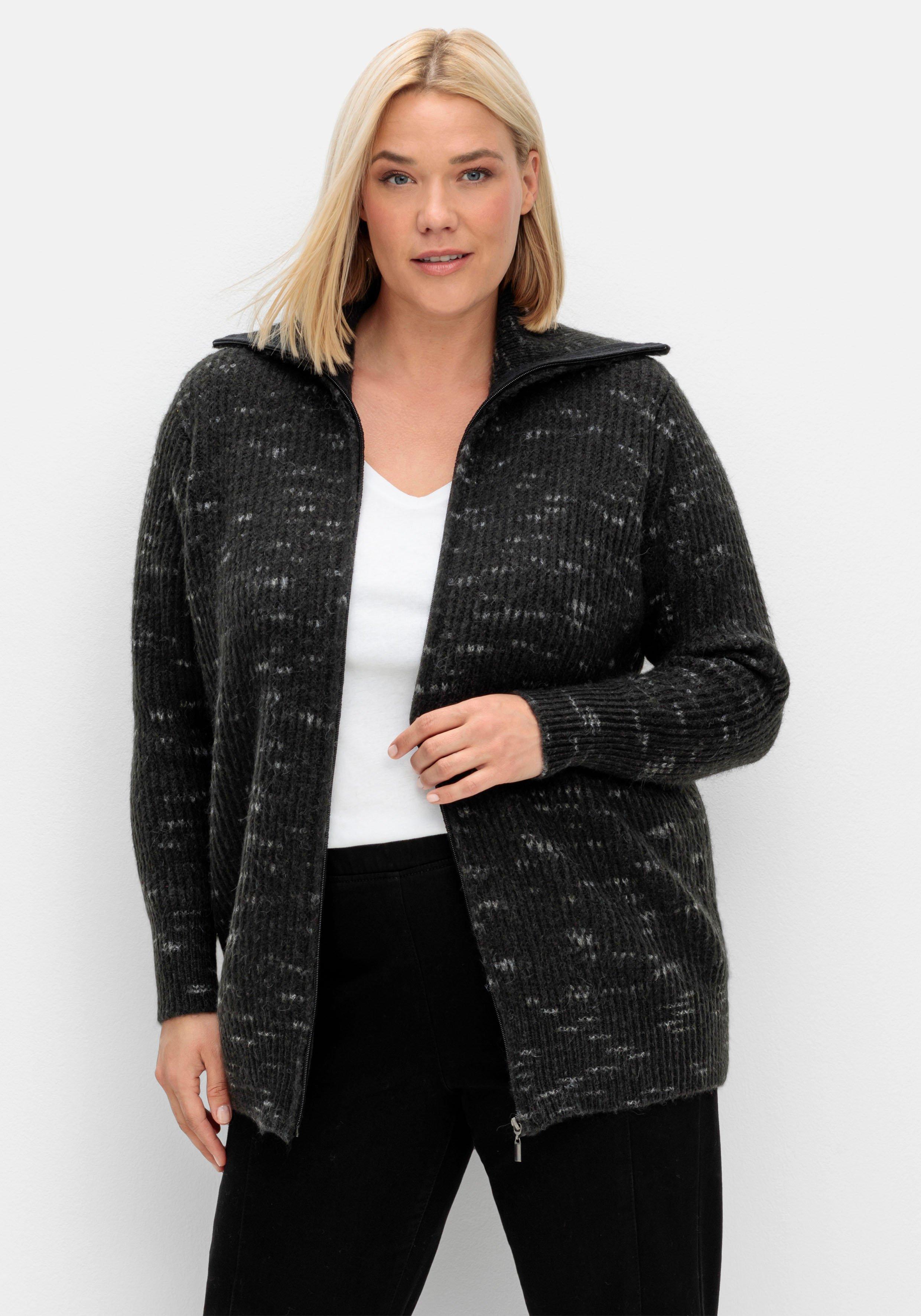 - Troyerkragen und mit sheego Reißverschluss Strickjacke | anthrazit-weiß