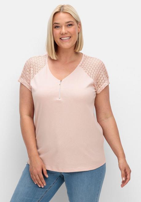 Shirt mit Zipper am Ausschnitt und Ärmeln aus Spitze - rosa - 40