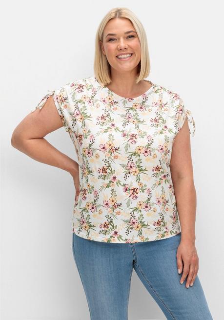 Shirt mit Blumen-Alloverprint und gerafften Schultern - creme bedruckt - 40
