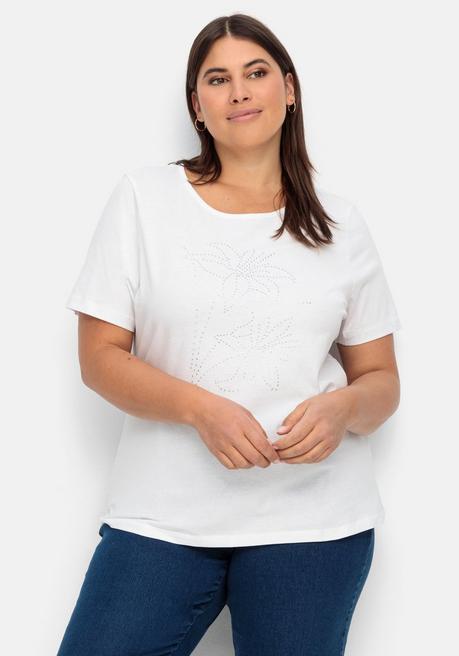 Shirt mit Blumenmuster aus Ziersteinchen vorn - weiß - 40