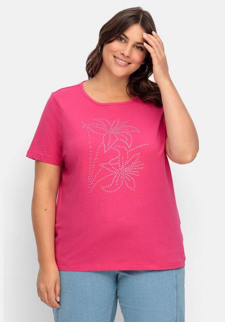 Shirt mit Blumenmuster aus Ziersteinchen vorn - pink - 40