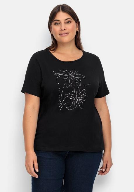 Shirt mit Blumenmuster aus Ziersteinchen vorn - schwarz - 40