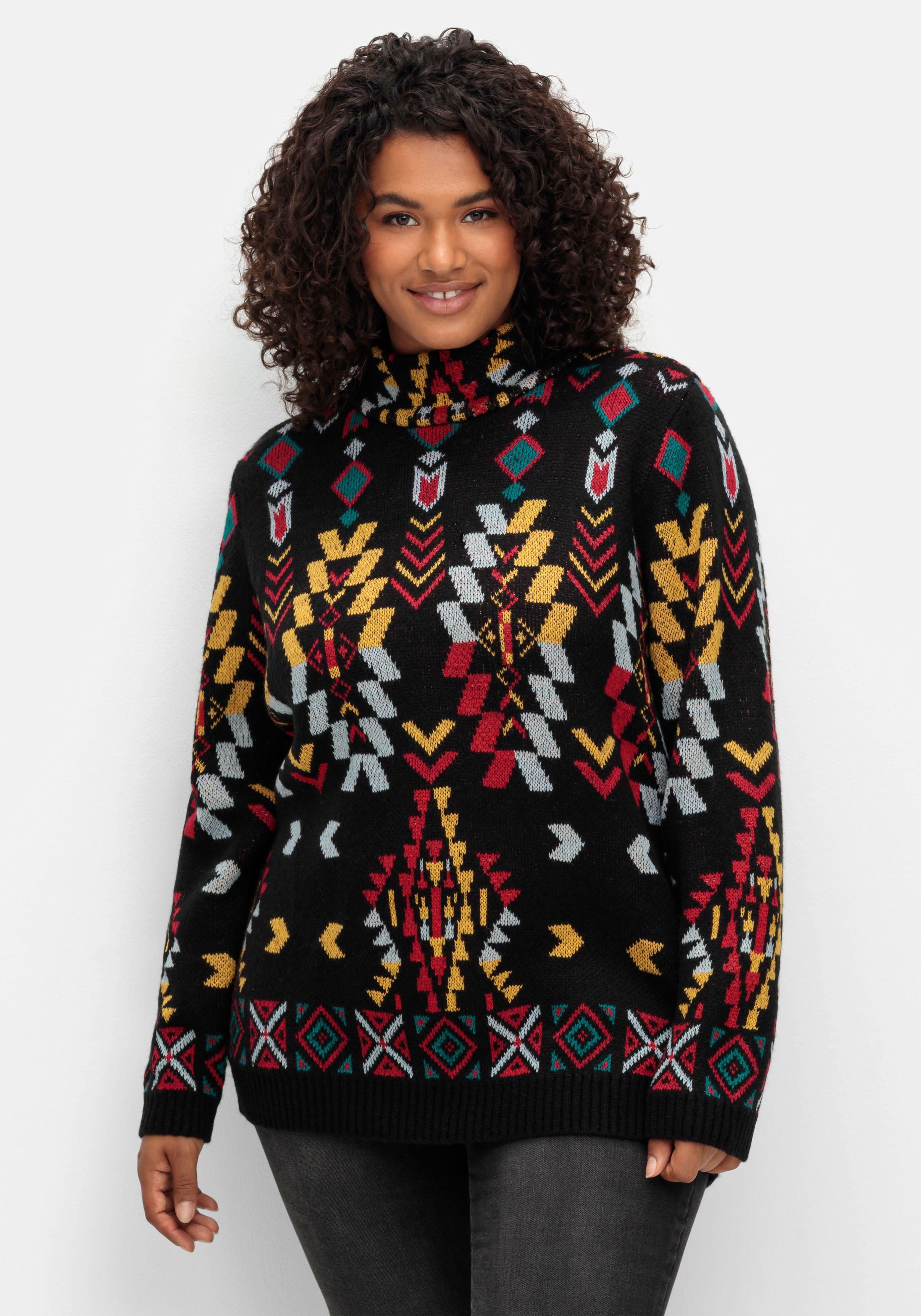 Pullover mit im gemustert schwarz Jacquardmuster sheego Ethno-Stil - 