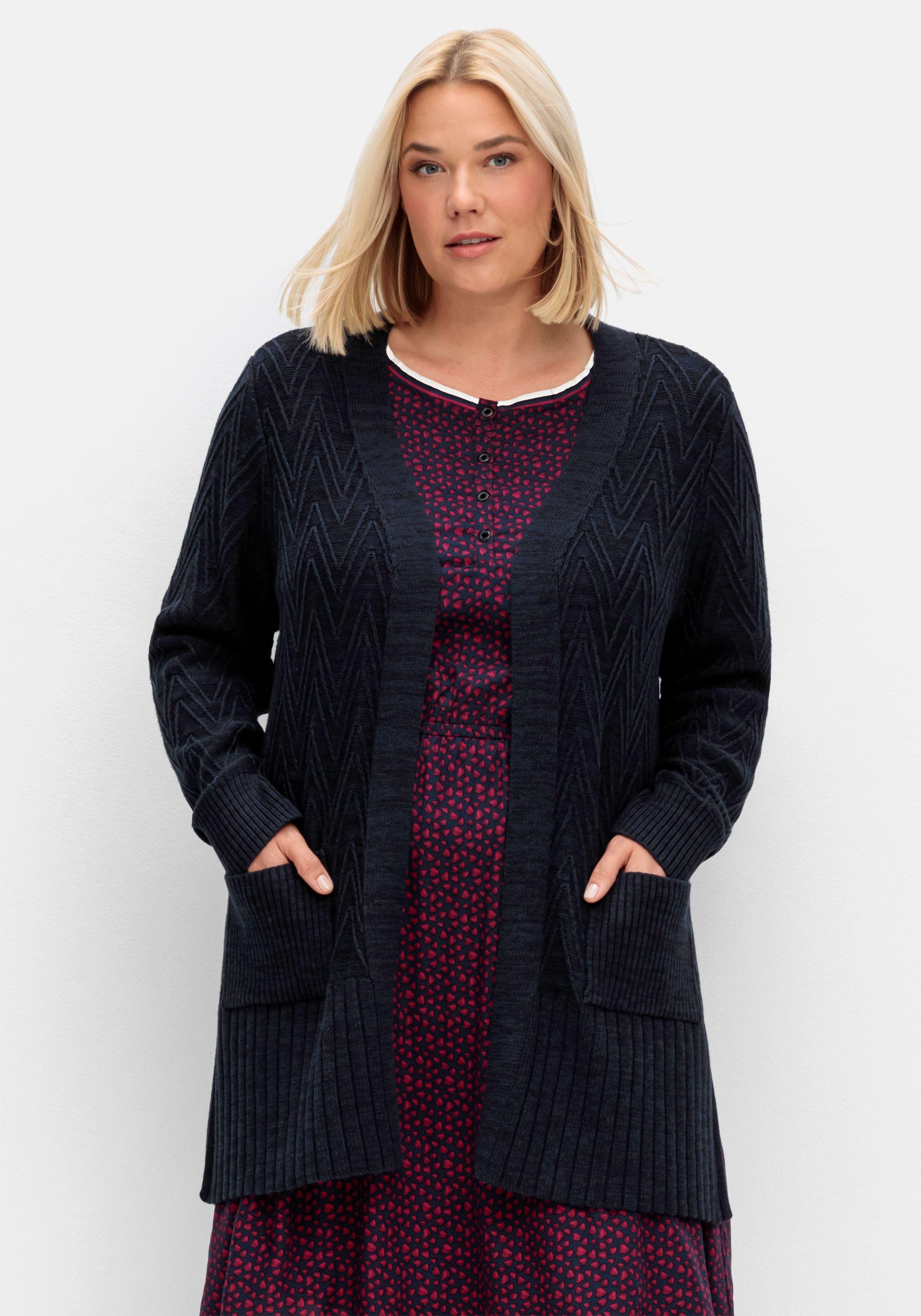 mit sheego - Lange meliert Strickjacke | nachtblau Zickzack-Ajourmuster