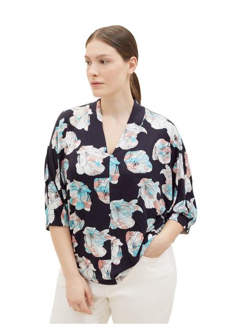 Shirt mit Blumen-Alloverprint und V-Ausschnitt - dunkelblau bedruckt - 44
