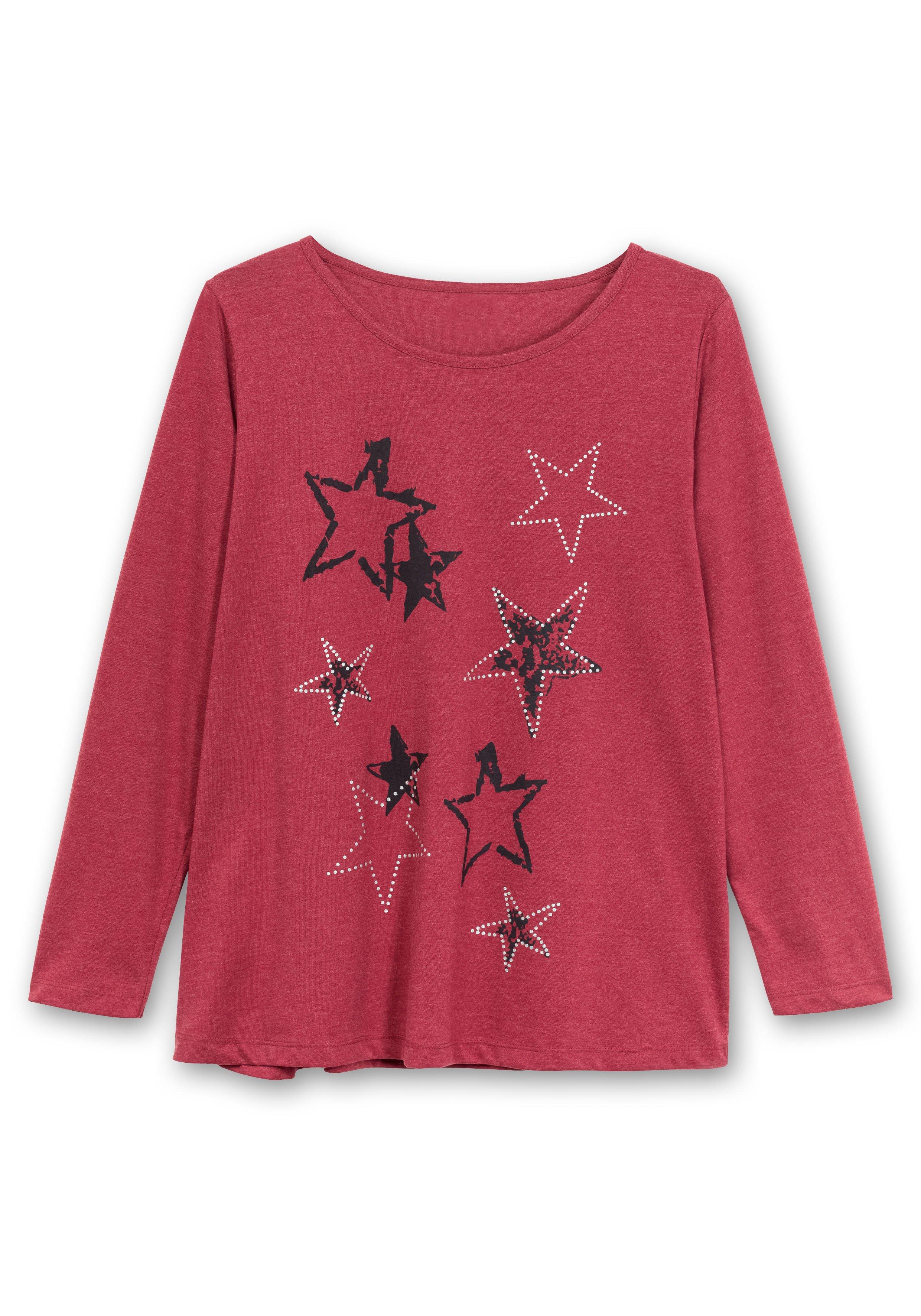 Thumbnail - Sheego Meliertes Langarmshirt mit Sternen-Frontdruck, weinrot bedruckt, Gr.56