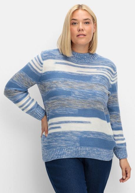Pullover mit Stehkragen und Blockstreifen - blau meliert - 40