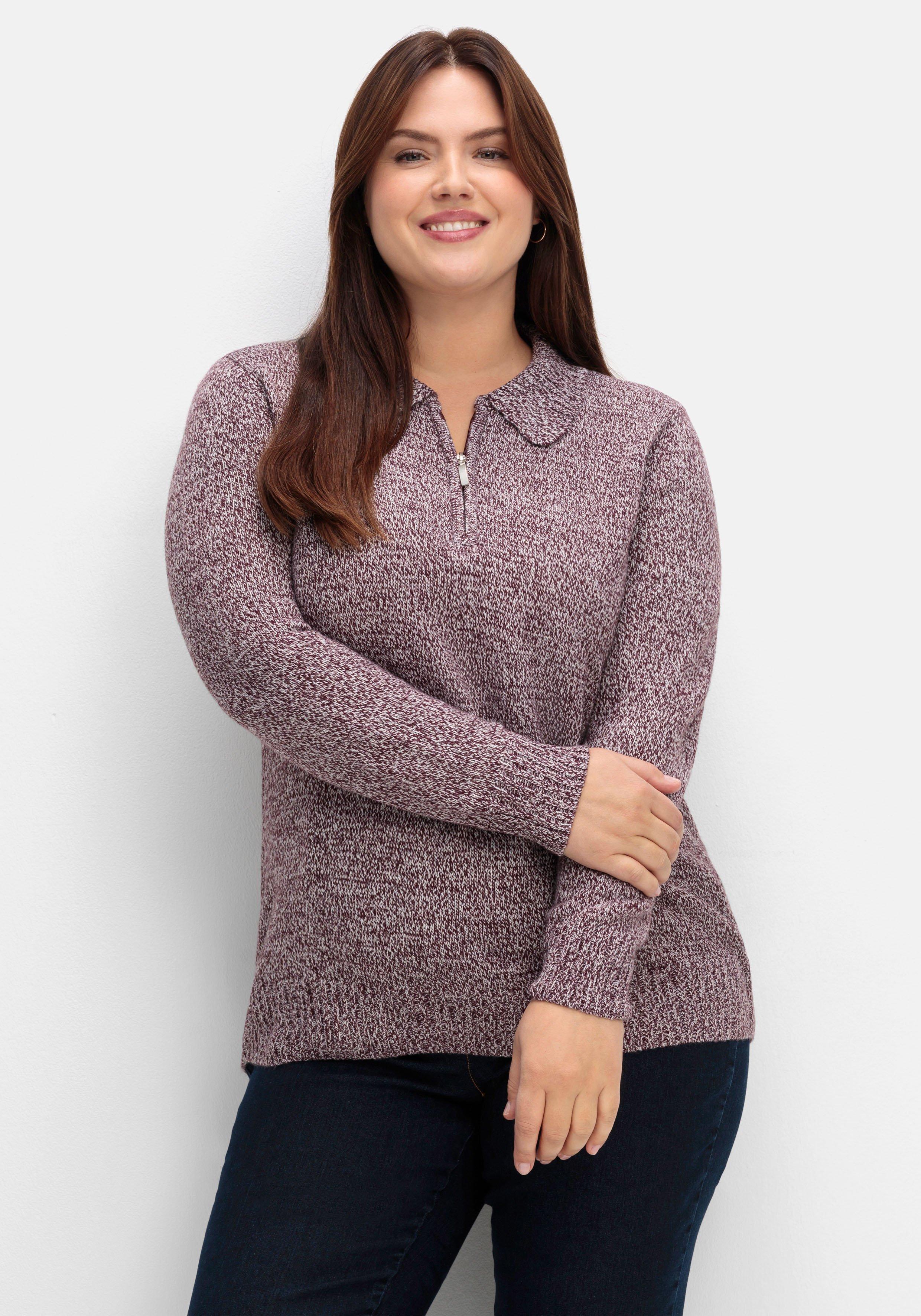 sheego Pullover mit Polokragen, in melierter Optik - bordeaux meliert sheego