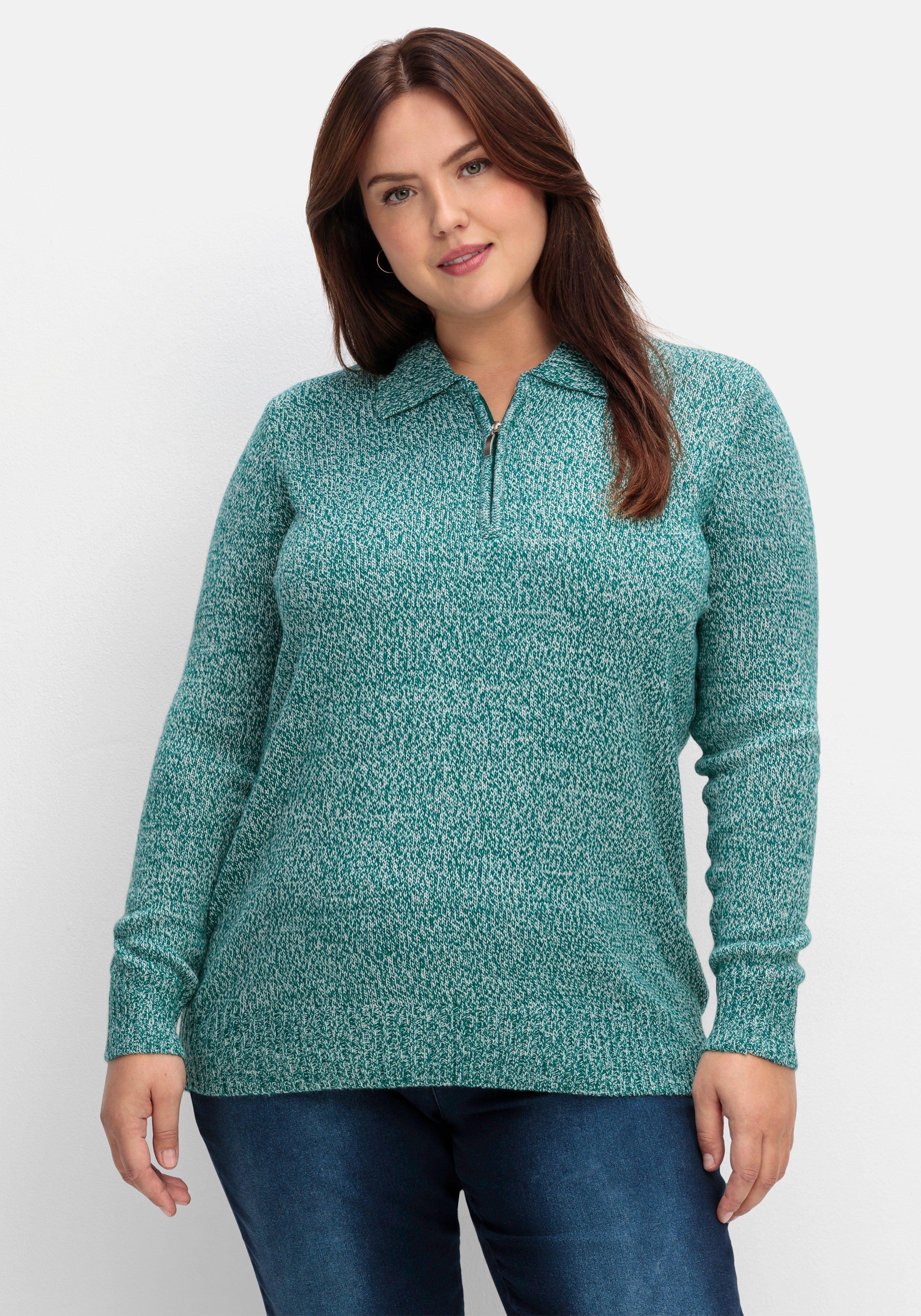 sheego Pullover mit Polokragen, in melierter Optik - petrol meliert sheego