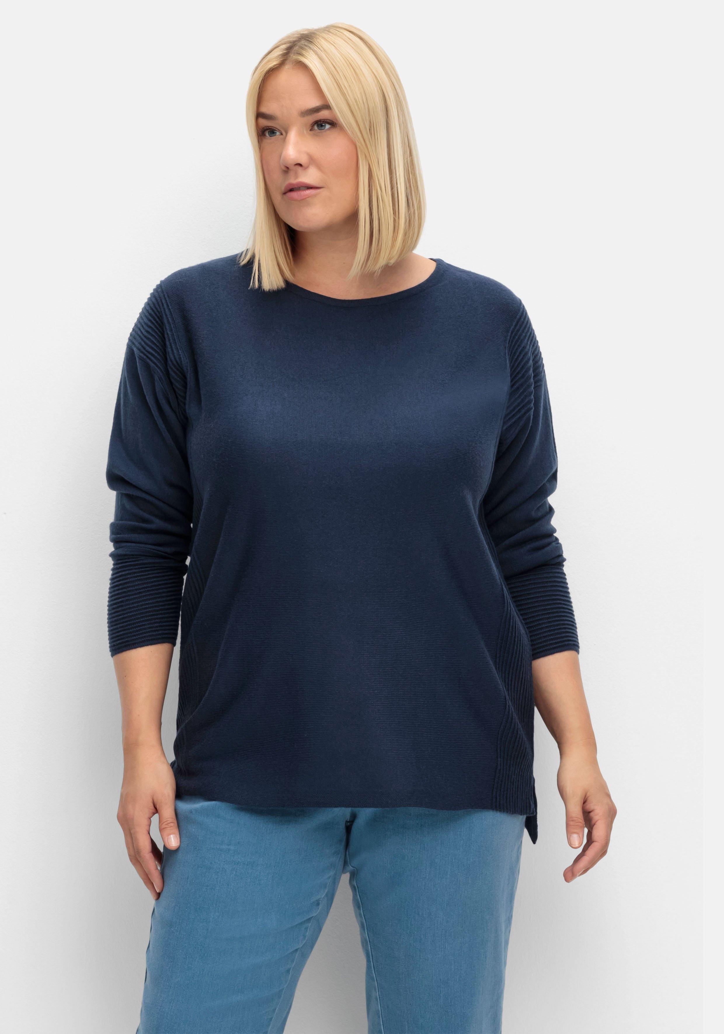 sheego Pullover mit Rundhalsausschnitt und Ripp-Details - marine sheego