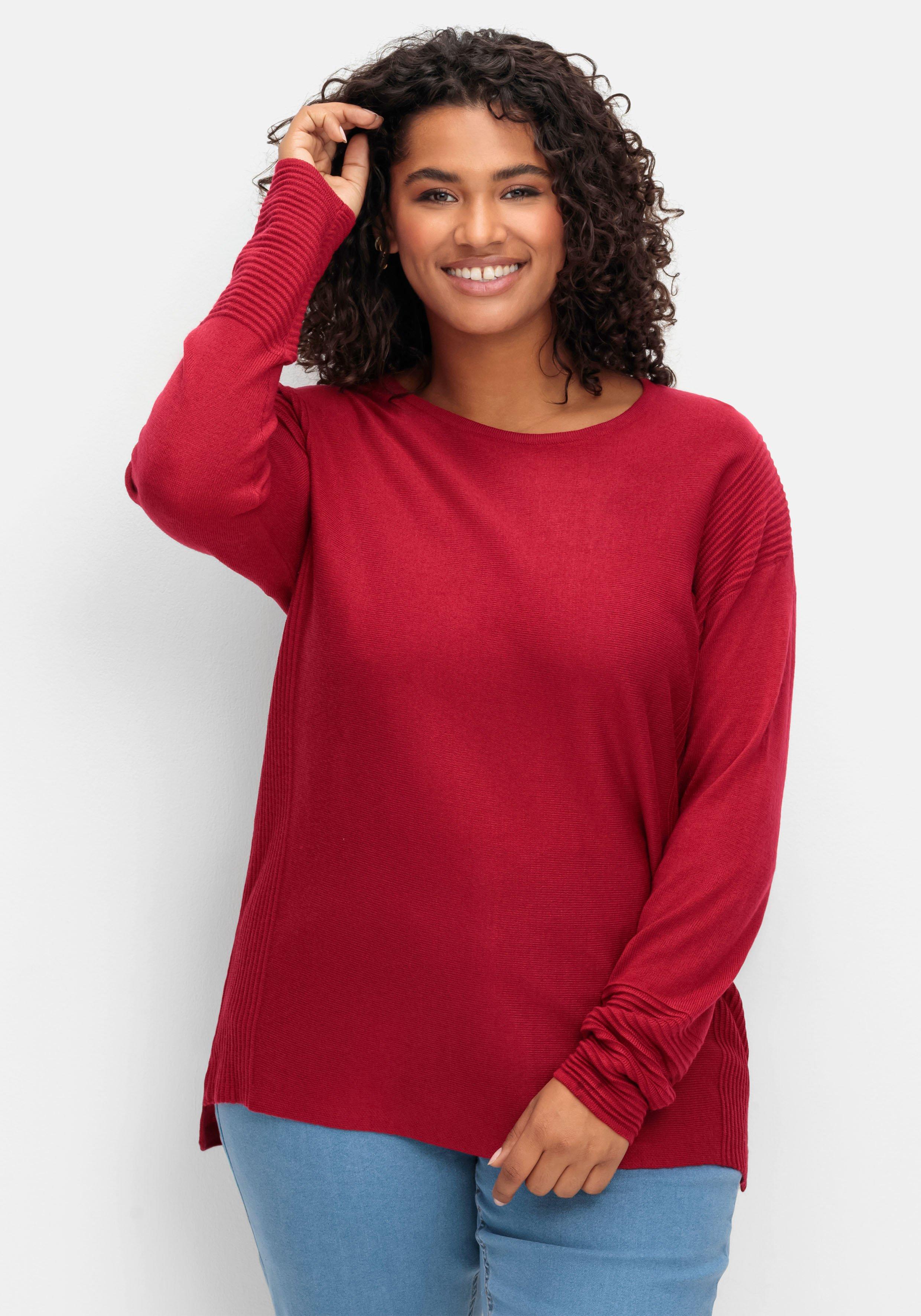 sheego Pullover mit Rundhalsausschnitt und Ripp-Details - rot sheego