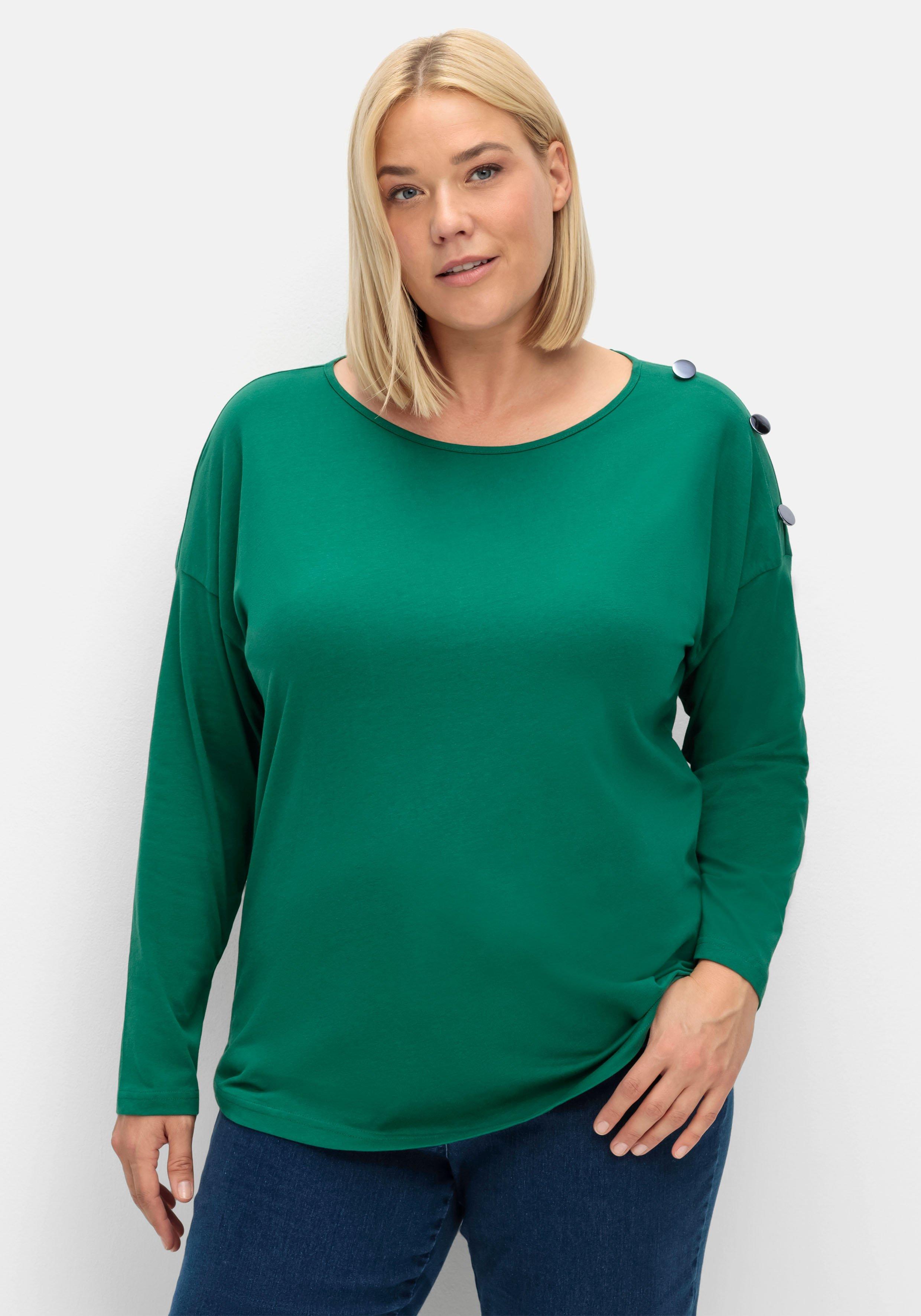 sheego Langarmshirt mit Schmuckknöpfen auf der Schulter - tannengrün sheego