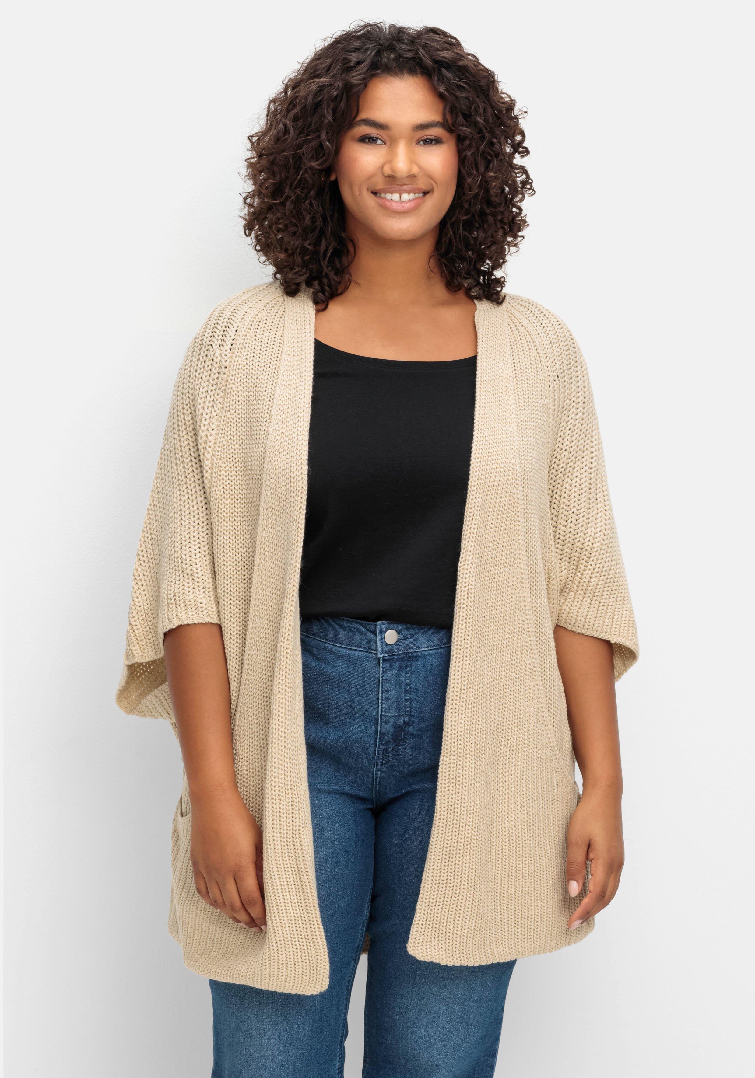 sheego Strickjacke in offener Form, mit verkürztem Ärmel - sand sheego