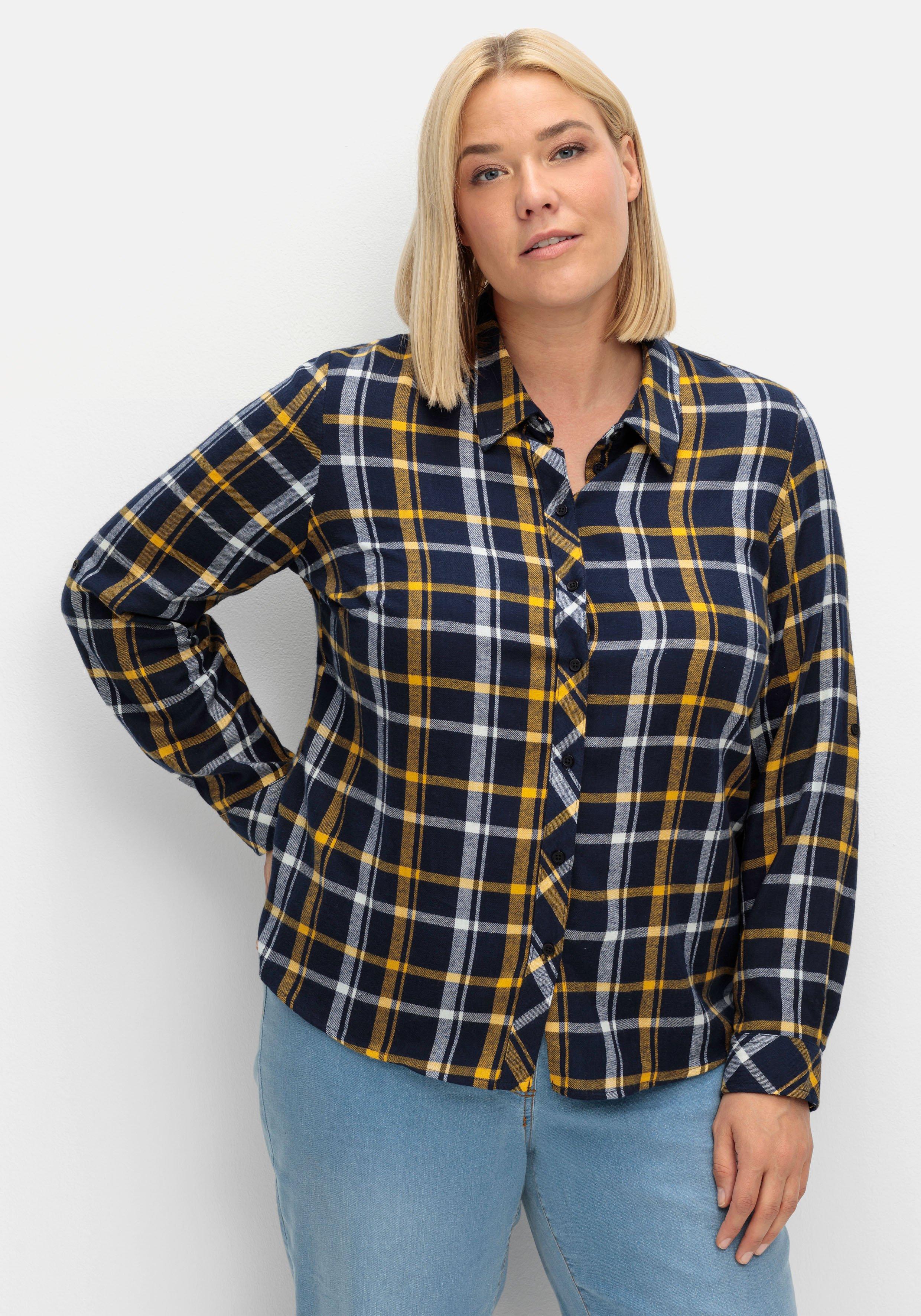 sheego Karierte Flanellbluse mit Krempelärmeln - marine-ocker kariert sheego