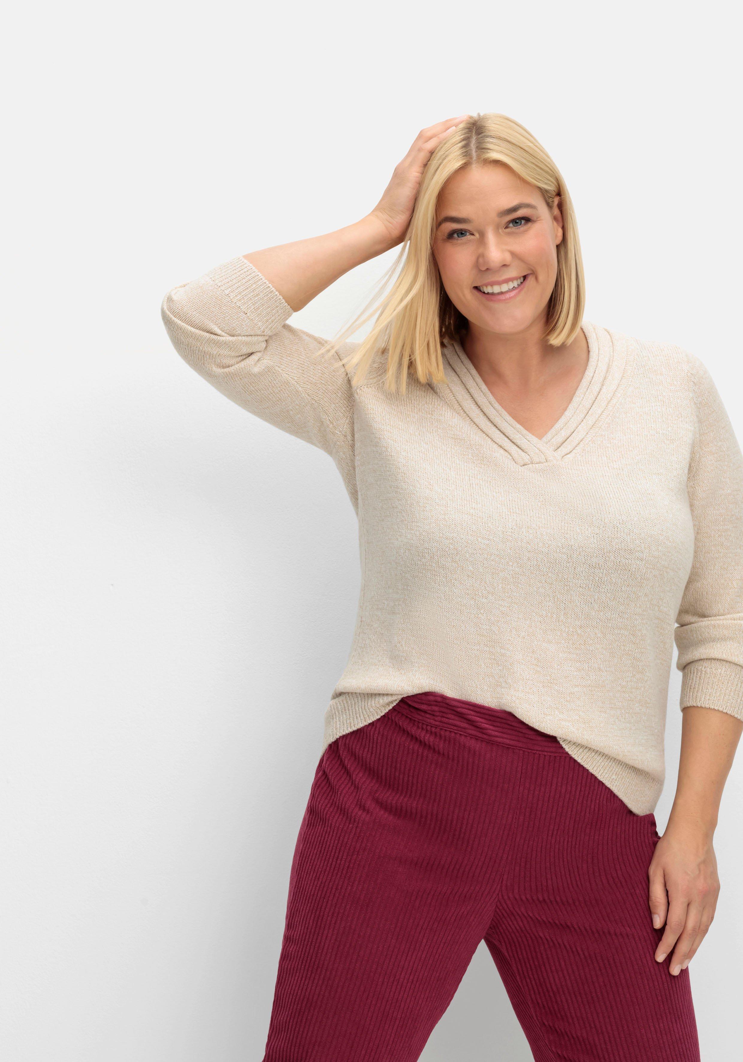 sheego Pullover mit raffiniertem V-Ausschnitt - beigefarben meliert sheego