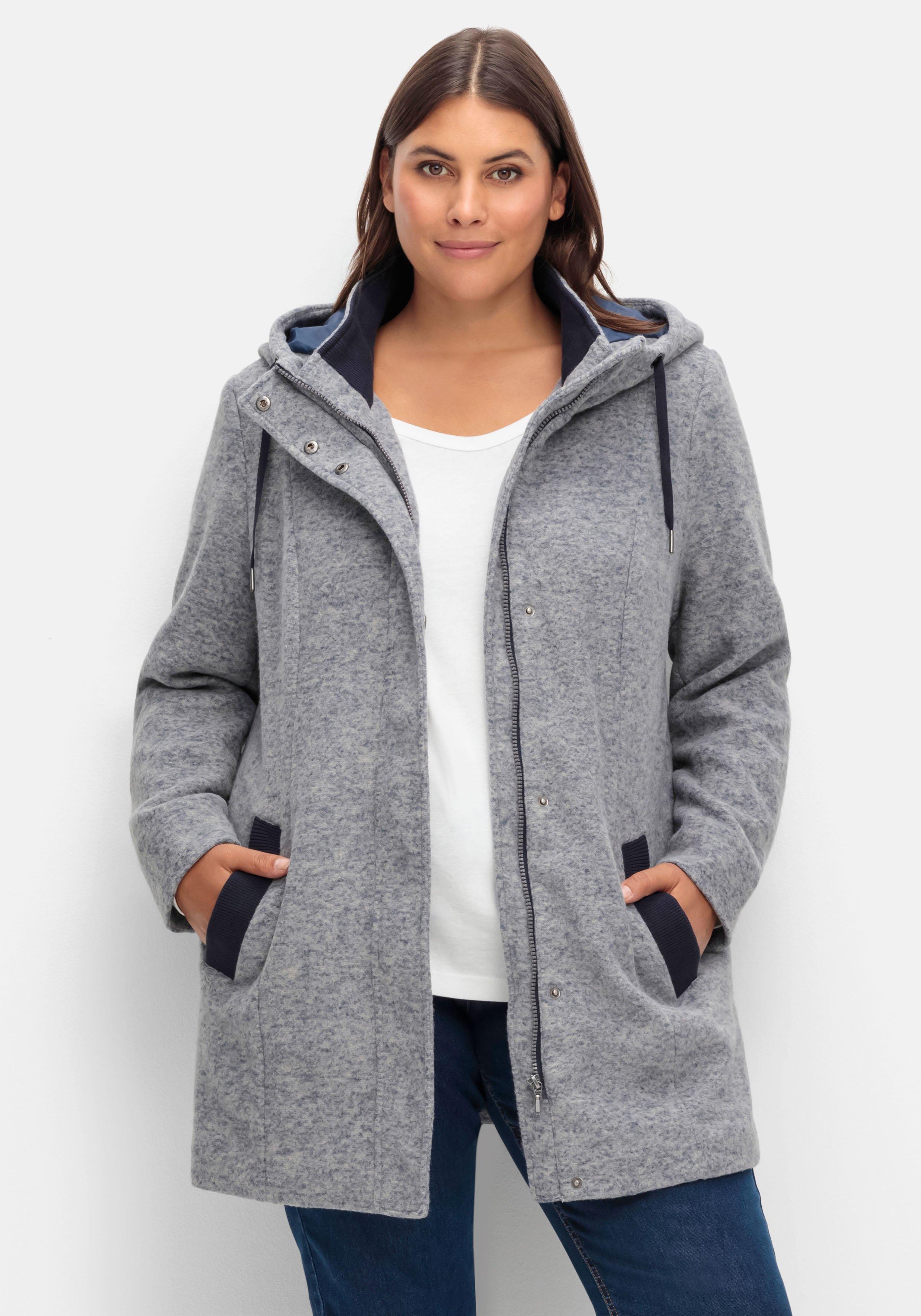 sheego Lange Kapuzenjacke mit Kontrastdetails - grau meliert sheego