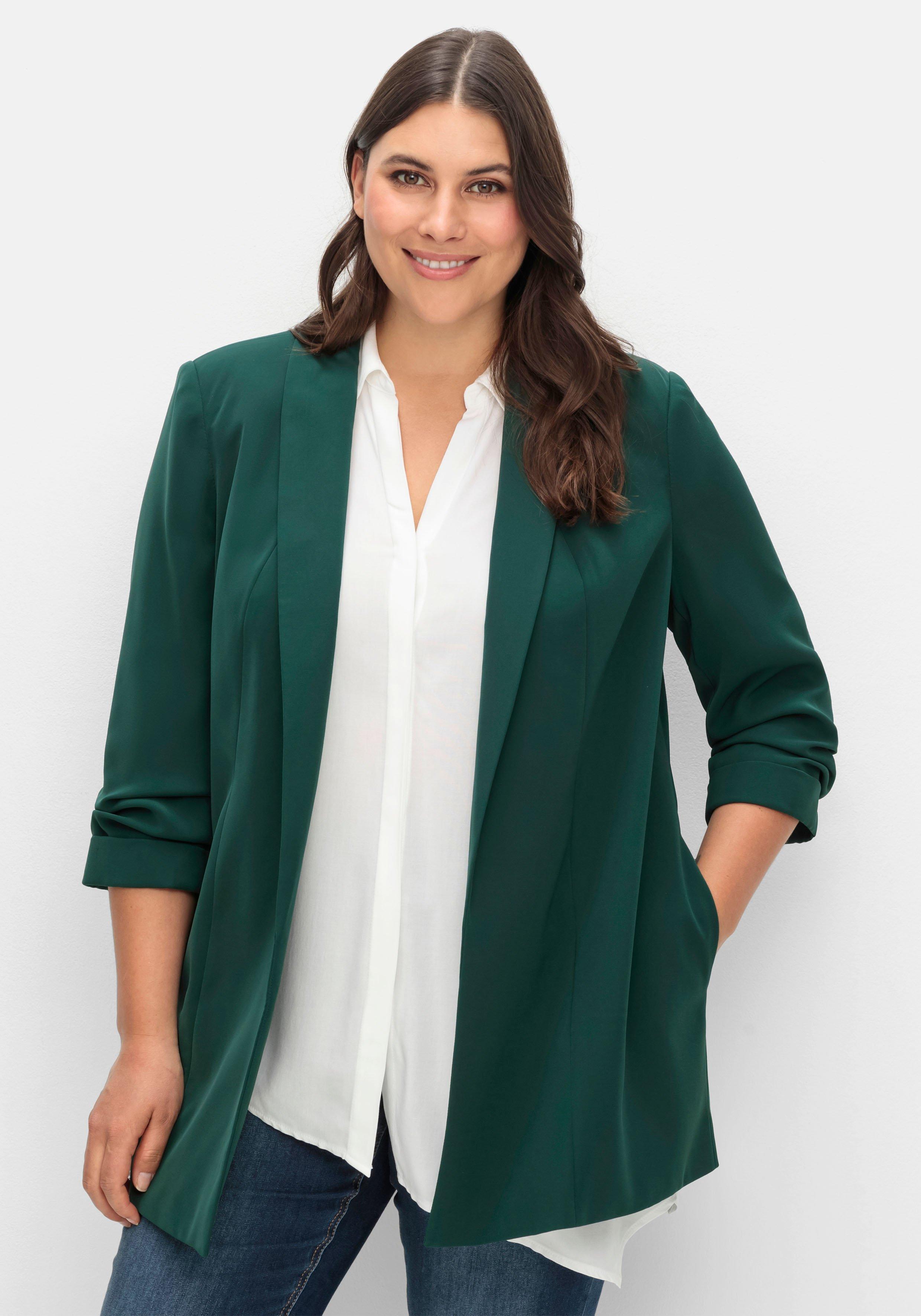 sheego Langer Blazer mit Schalkragen und gerafftem 3/4-Arm - tiefgrün sheego