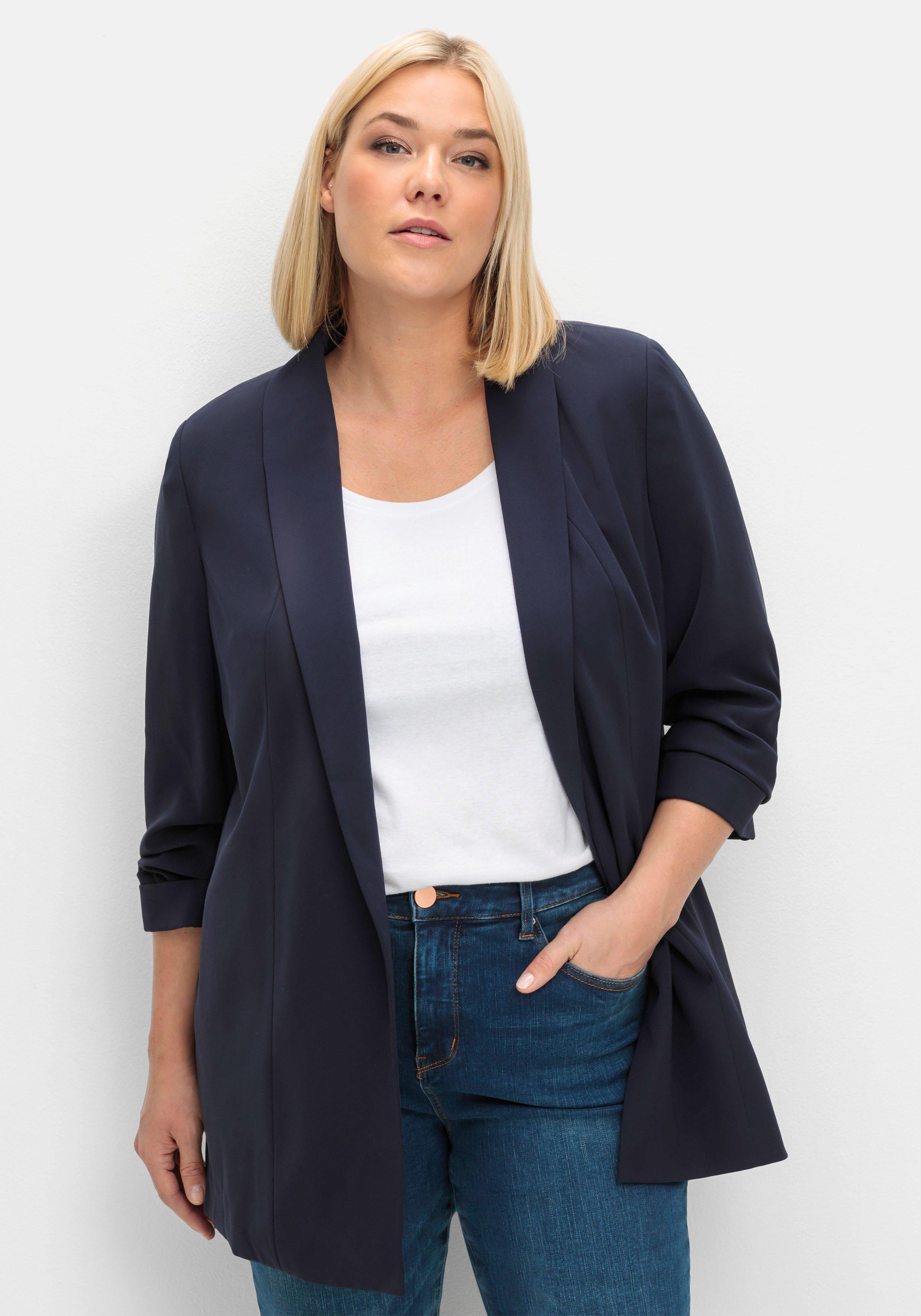 Langer Blazer mit Schalkragen und gerafftem 3/4-Arm - tiefblau | sheego