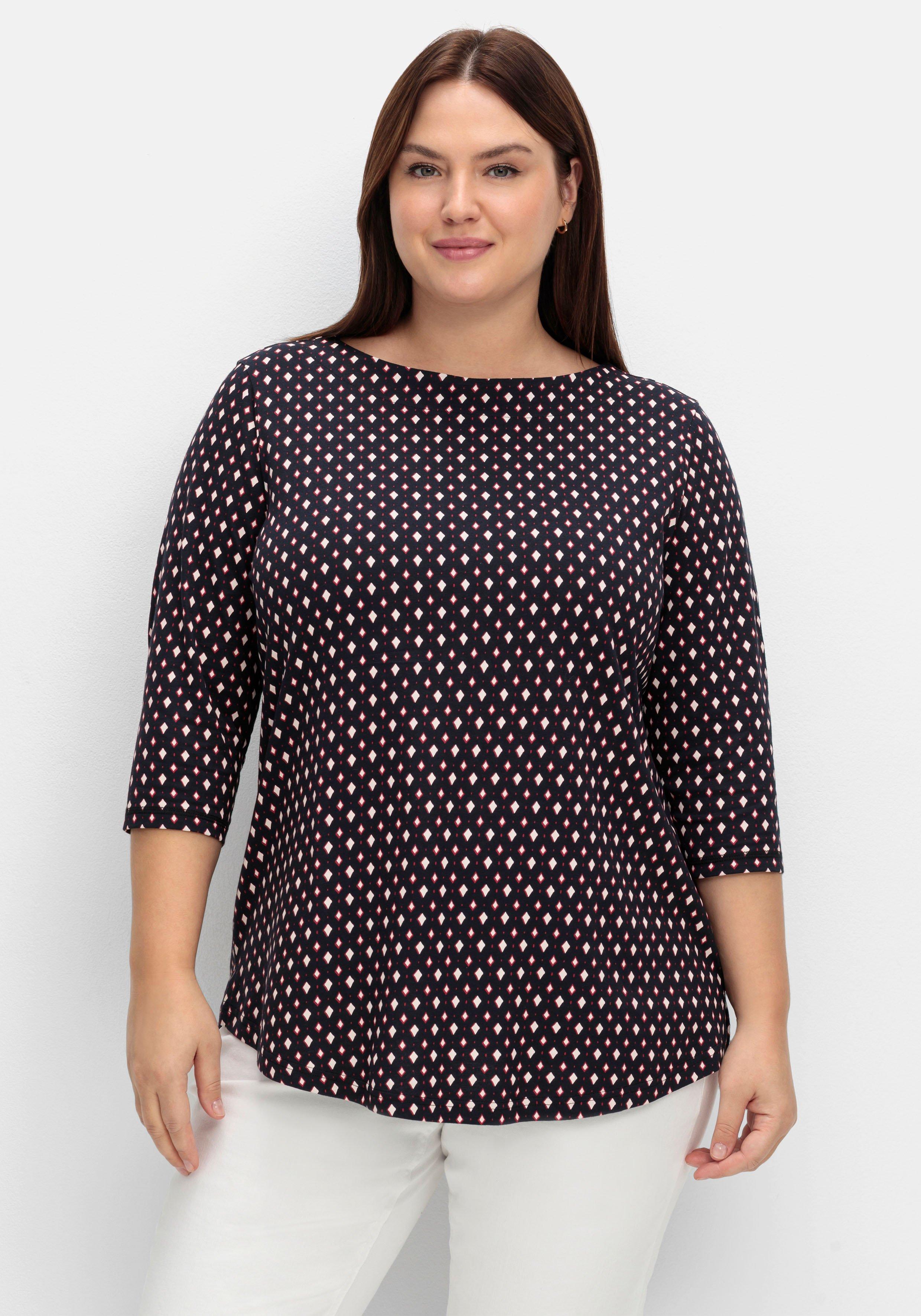 sheego Shirt mit 3/4-Arm und grafischem Minimalprint - tiefblau gemustert sheego