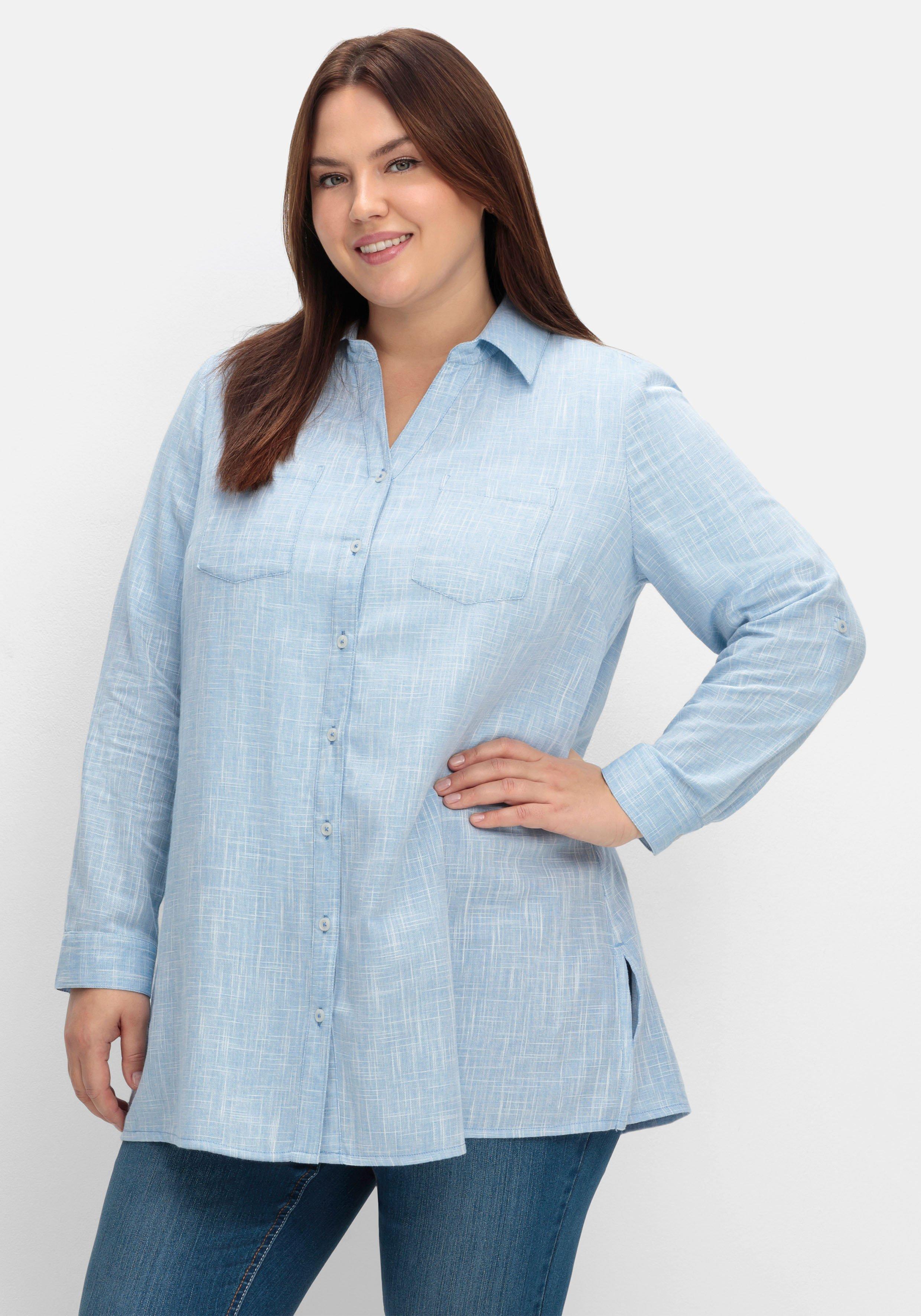 sheego Lange Bluse mit Krempelärmeln, in Leinenoptik - blau sheego