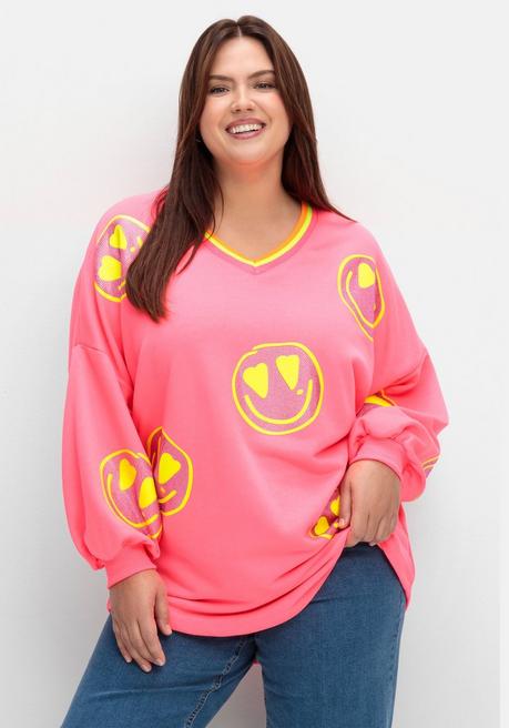 Sweatshirt mit Smileyprint und Glitzersteinen - pink - 40