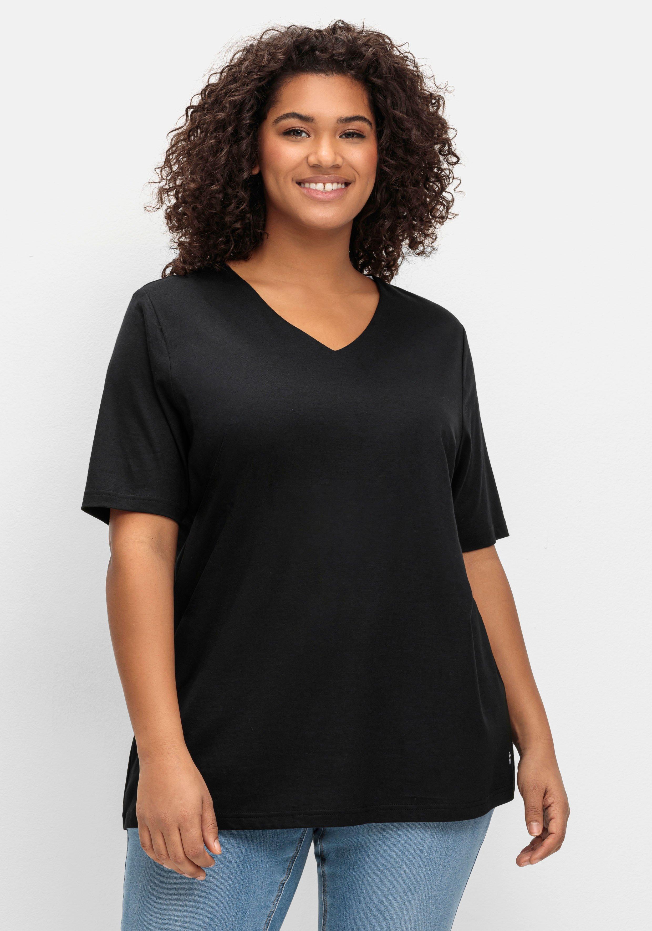 sheego T-Shirt mit doppellagigem Vorderteil - schwarz sheego