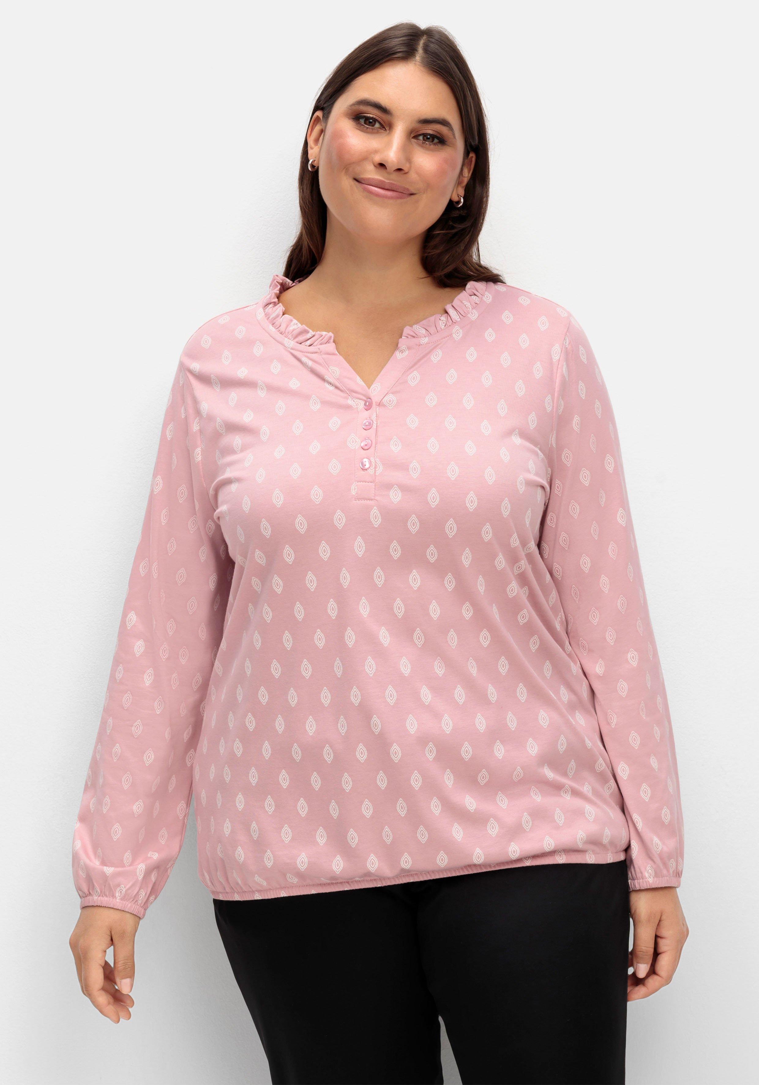 Langarmshirt mit gemustert - | kurzer sheego rosé Alloverdruck und Knopfleiste