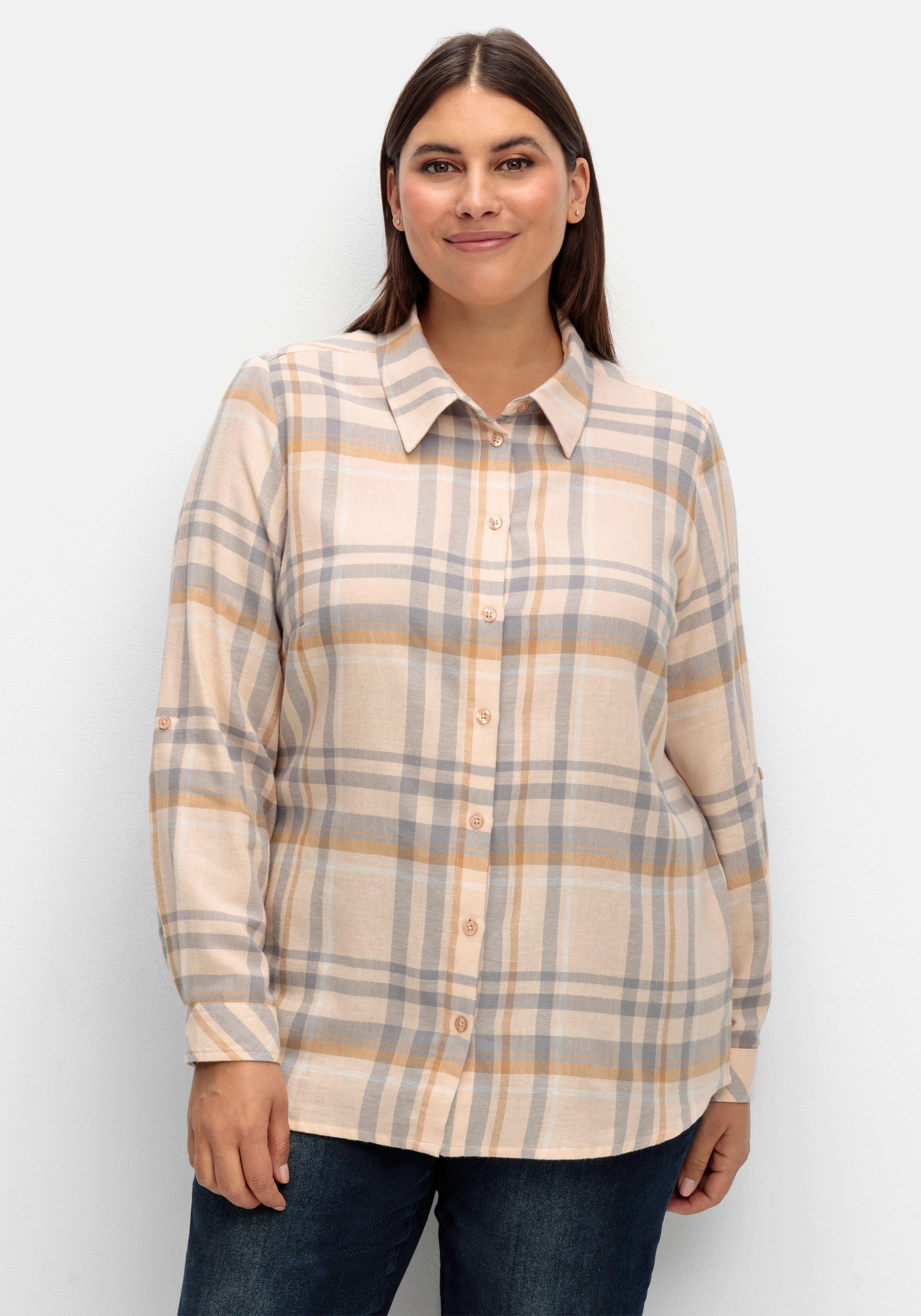 sheego x Collection L. Karierte Flanellbluse mit Krempelärmeln - beigefarben gemustert sheego