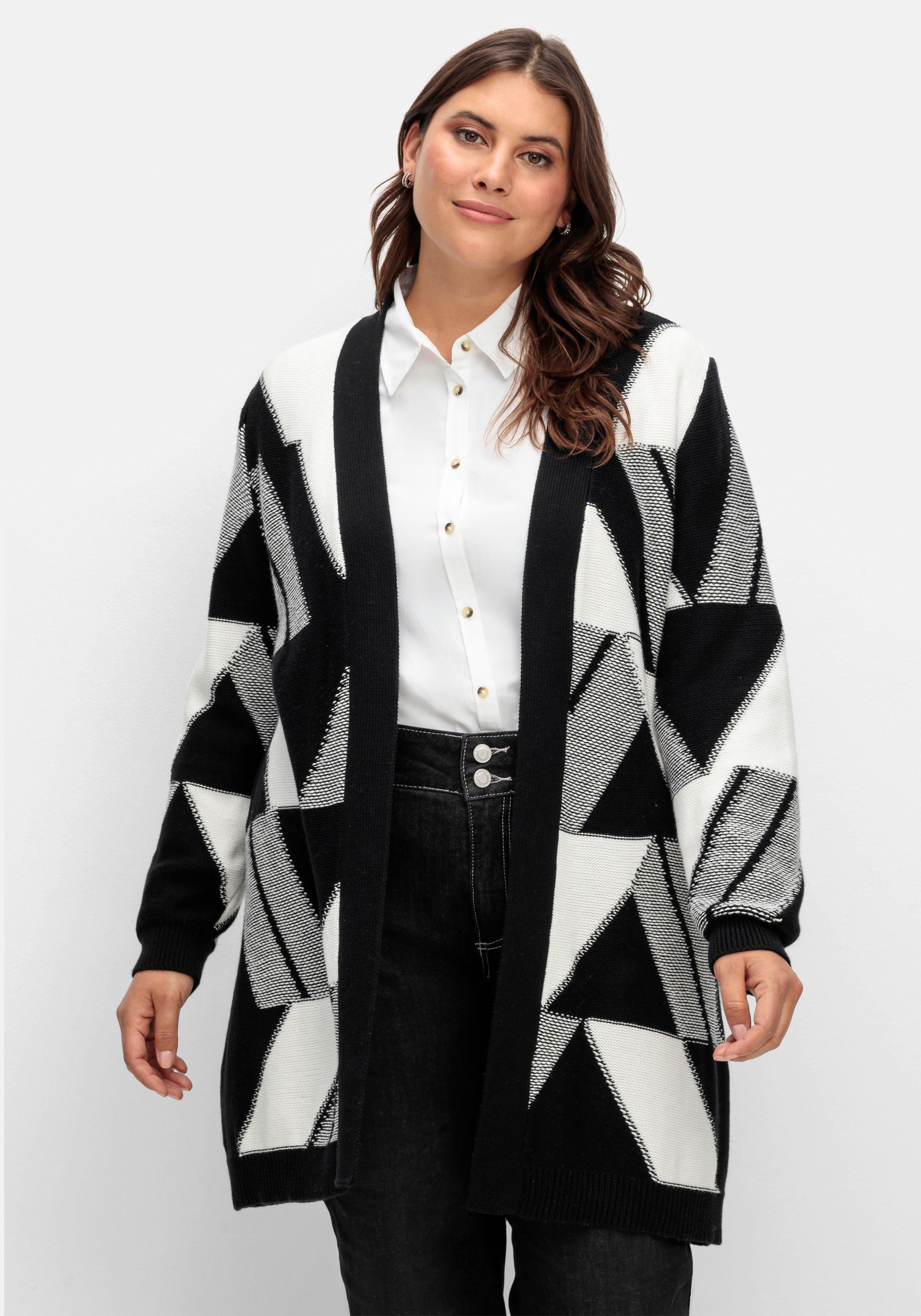 sheego Longstrickjacke mit grafischem Jacquardmuster - schwarz-weiß sheego