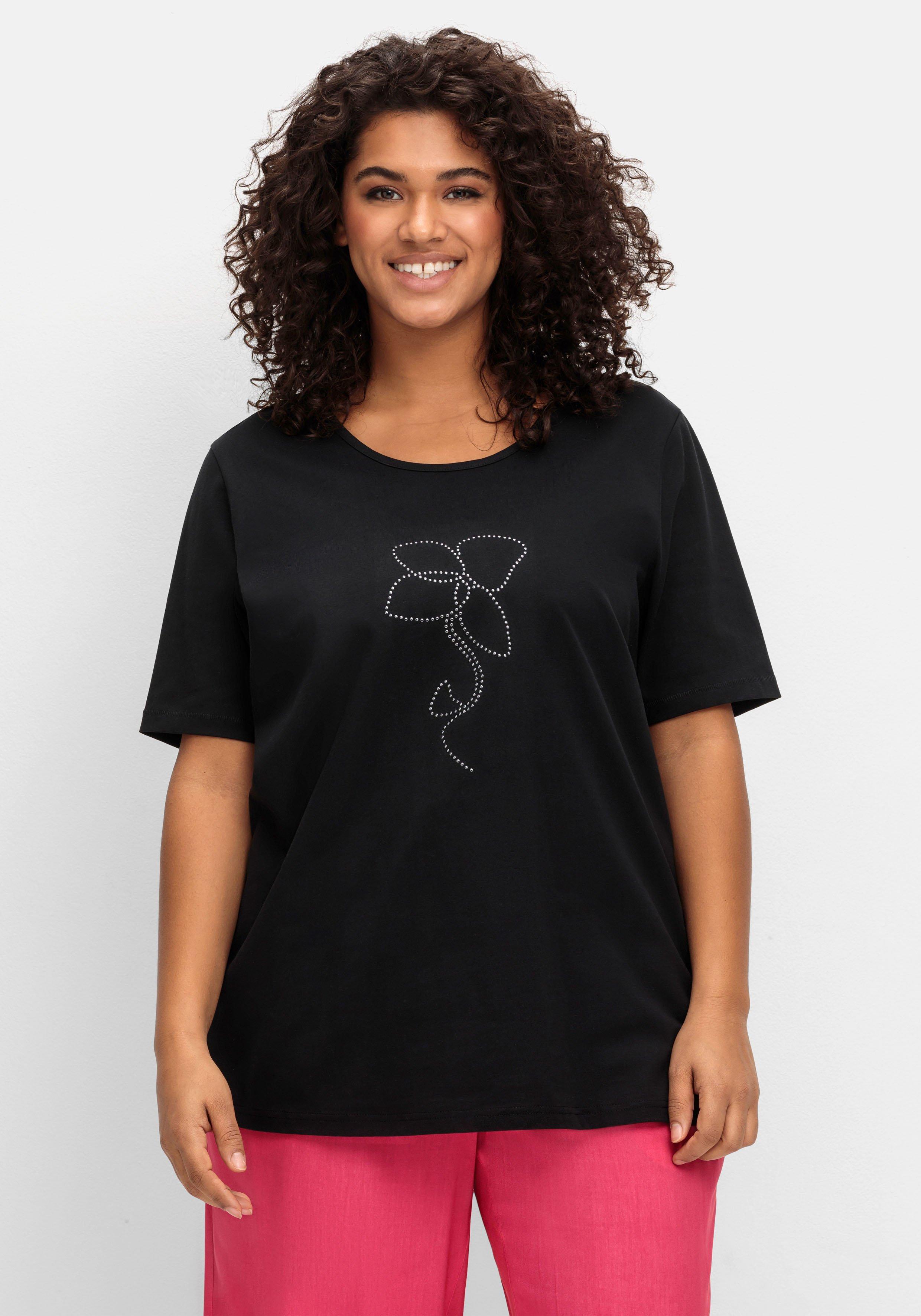 sheego T-Shirt mit Blumen-Applikation - schwarz sheego