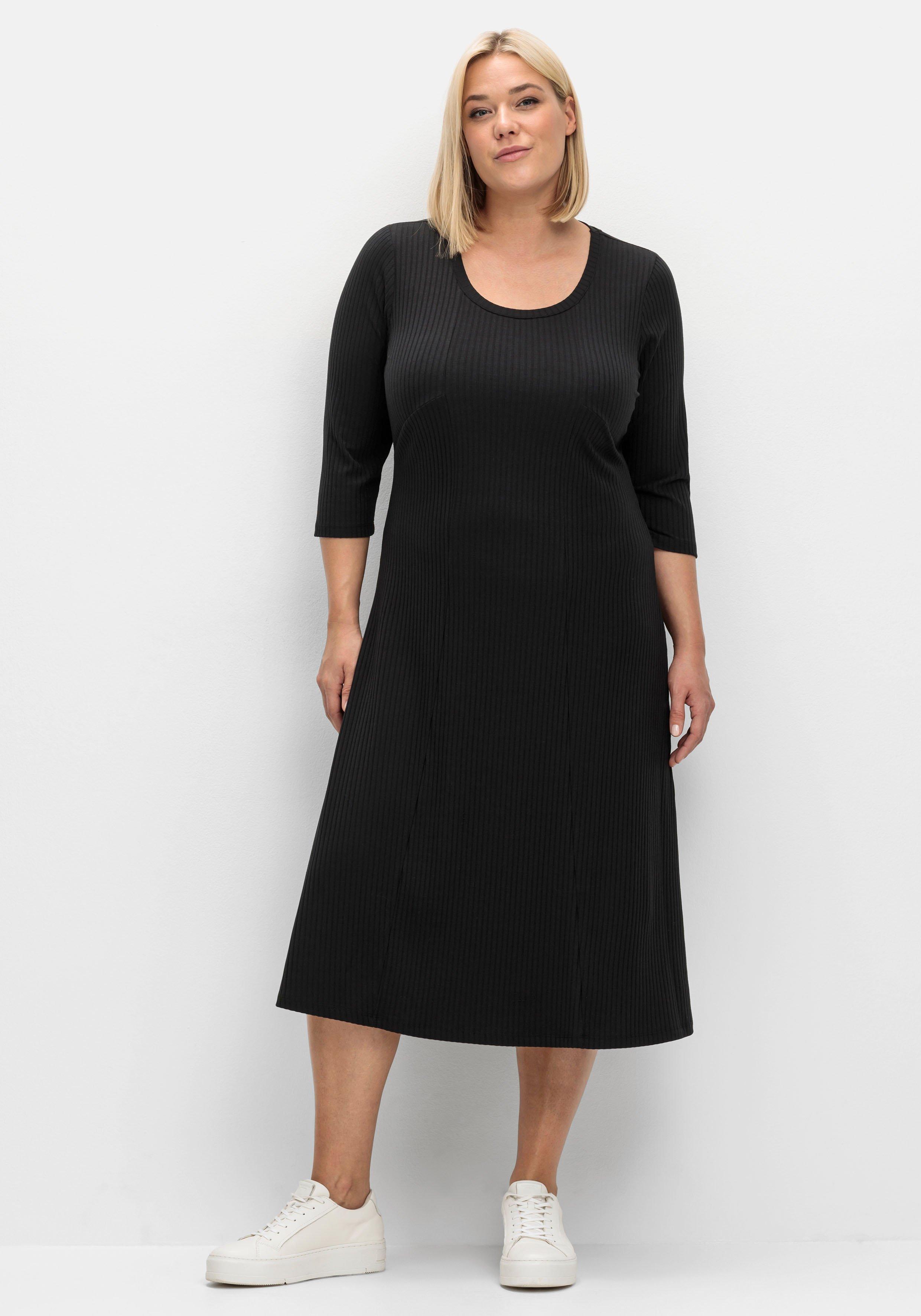 sheego Shirtkleid aus Rippqualität, mit 3/4-Ärmeln - schwarz sheego