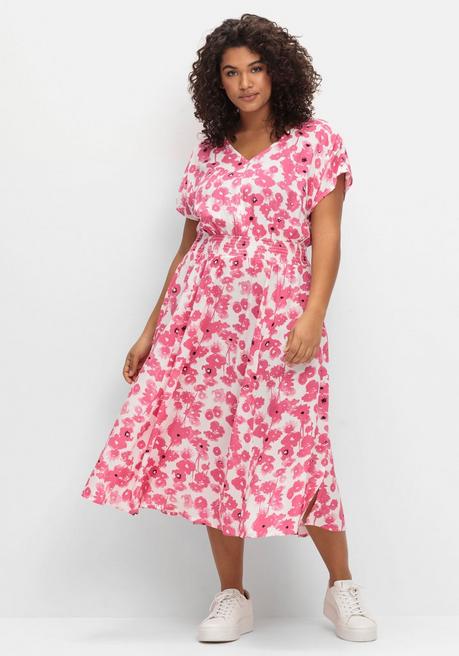 Kleid mit Blumenprint und Smokbund - magenta gemustert - 58