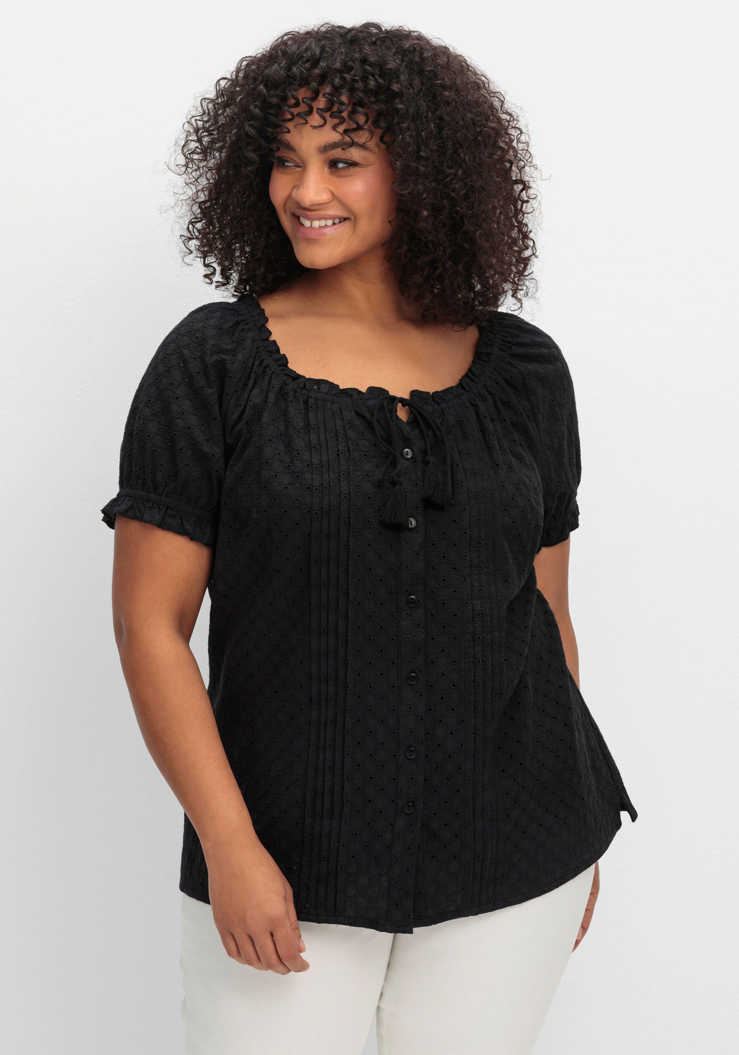 sheego by Joe Browns Bluse mit Lochstickerei und Carmen-Ausschnitt - schwarz sheego