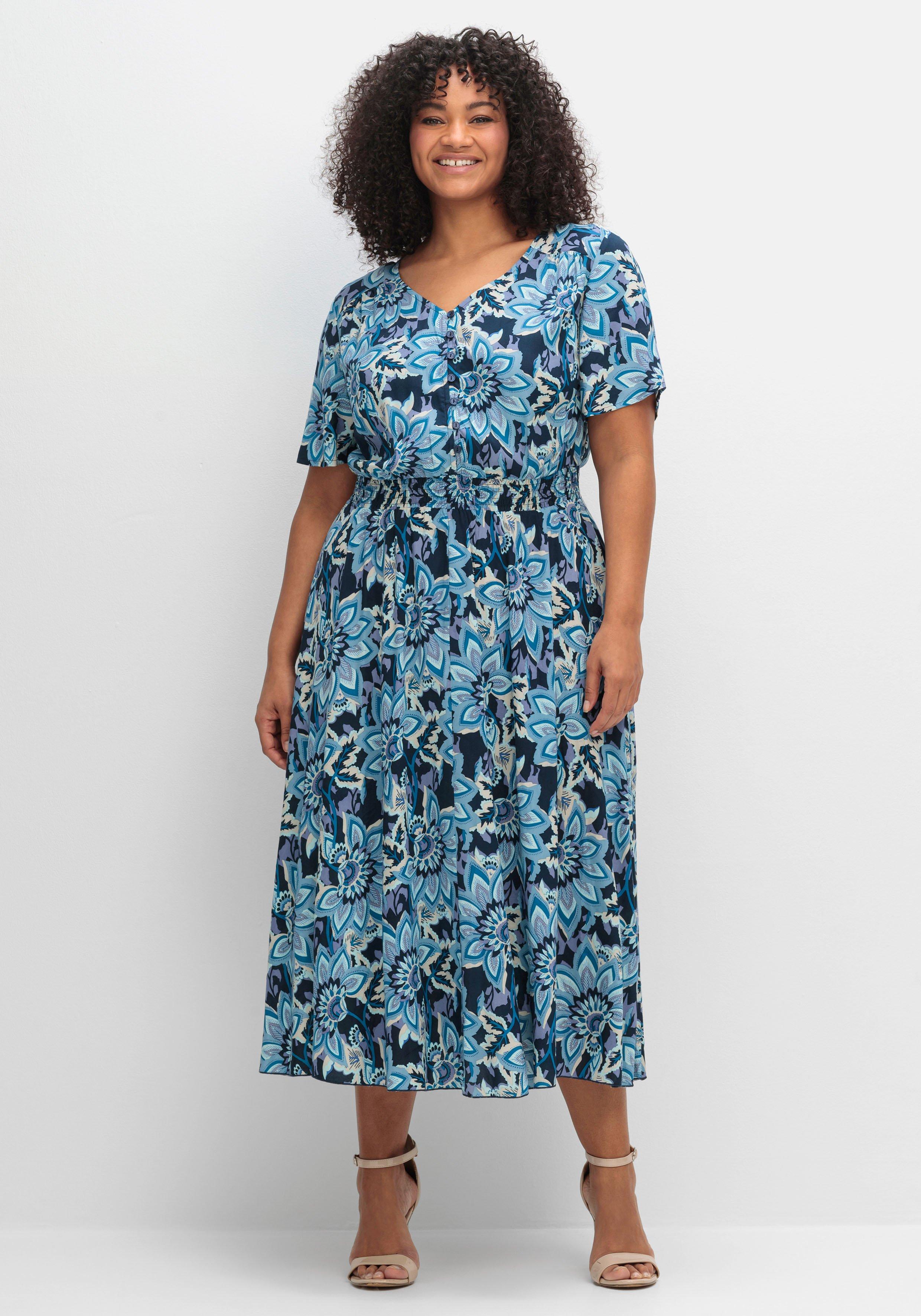 sheego by Joe Browns Maxikleid mit Blumenprint und Taillen-Smokbund - blau gemustert sheego