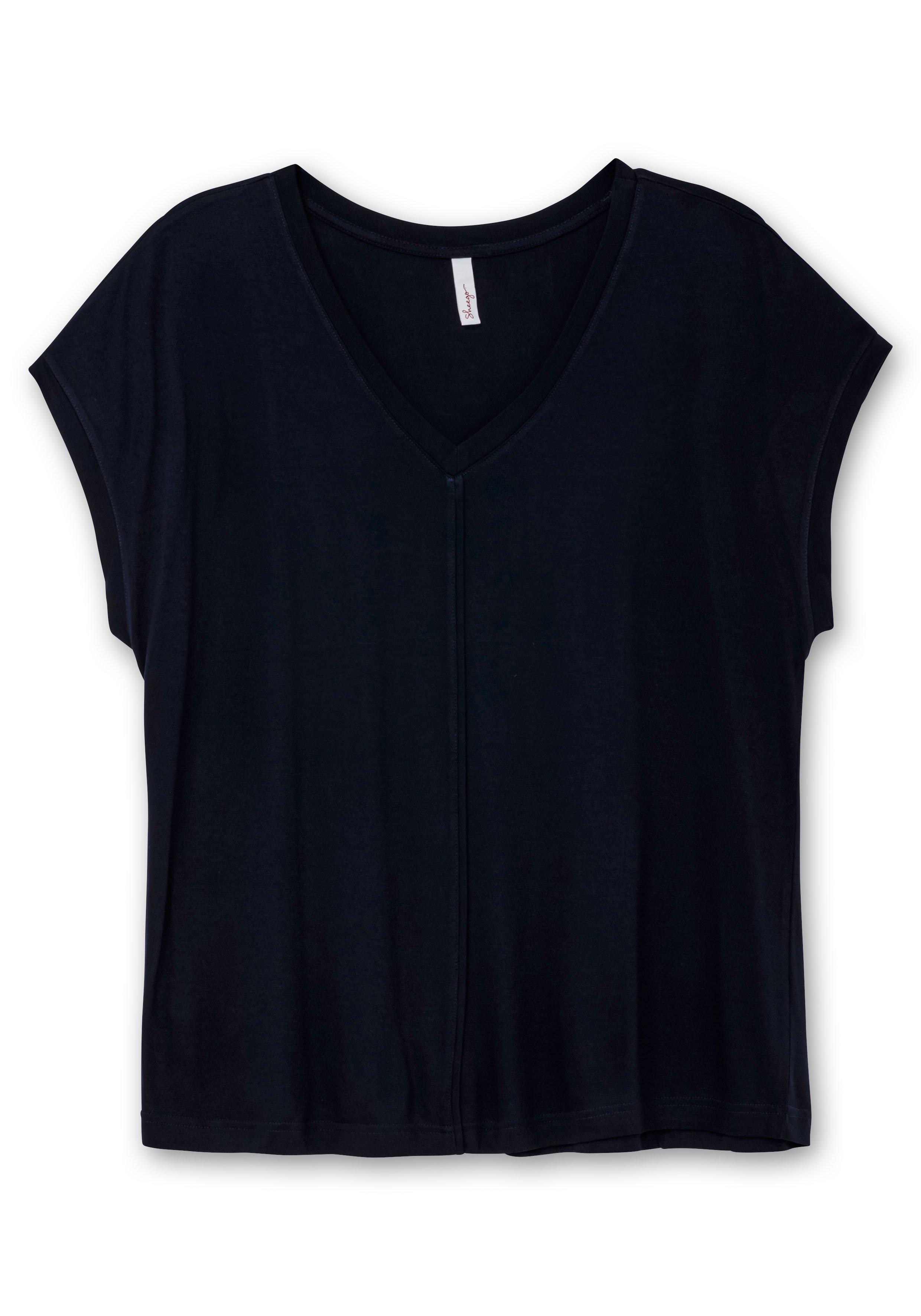 Thumbnail - Sheego Shirt mit V-Ausschnitt und Zierpaspel vorn, tiefblau, Gr.56/58