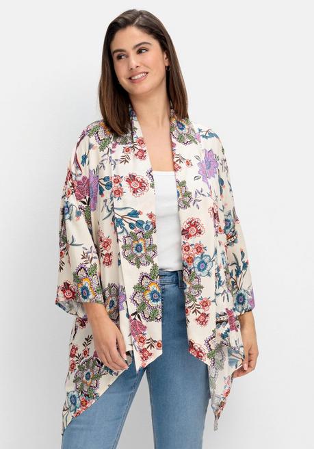 Blusenjacke im Kimono-Stil, mit Blumendruck - offwhite gemustert - 48/50