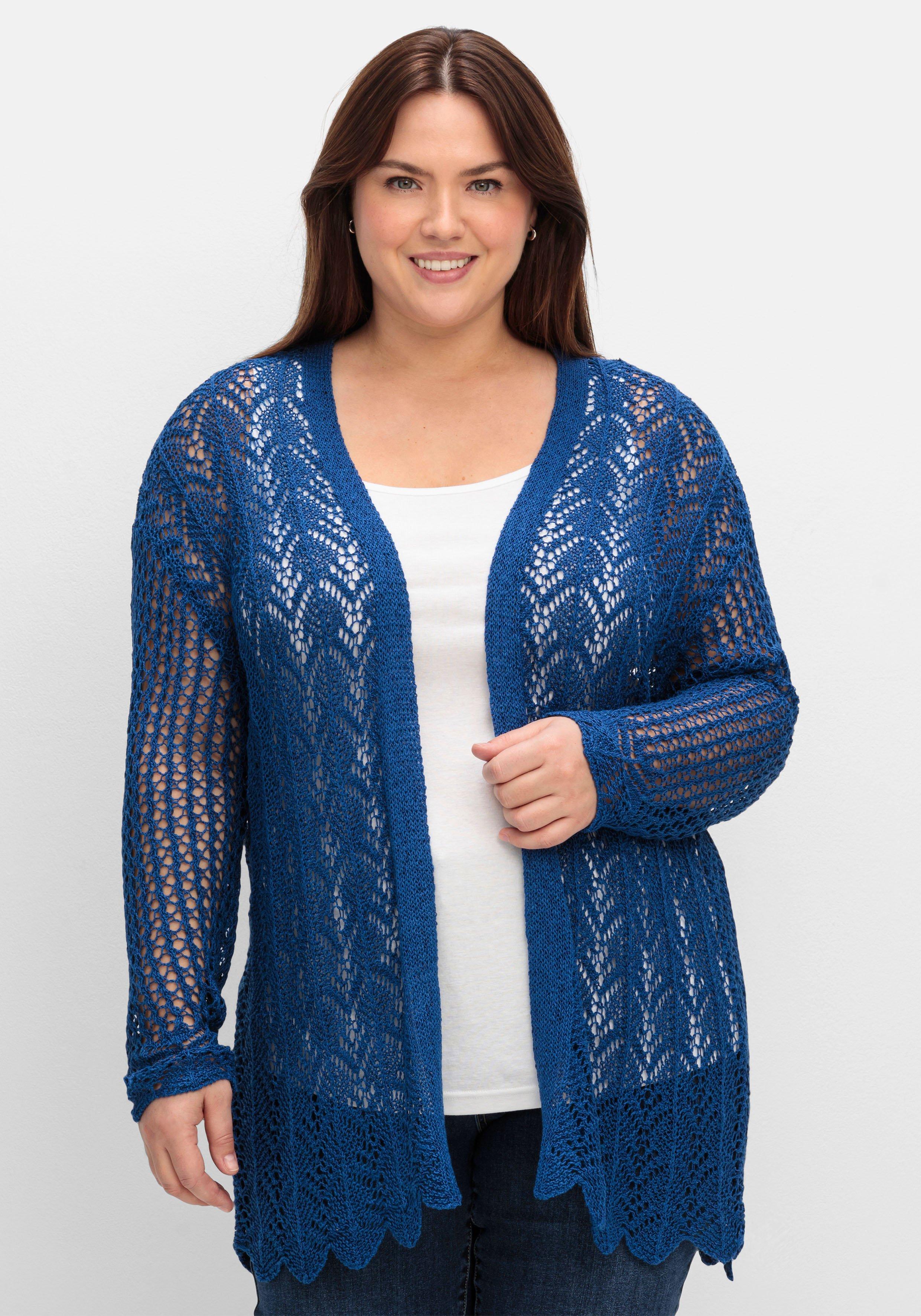 sheego Verschlusslose Ajourstrickjacke mit Wellenkante - blaubeere sheego