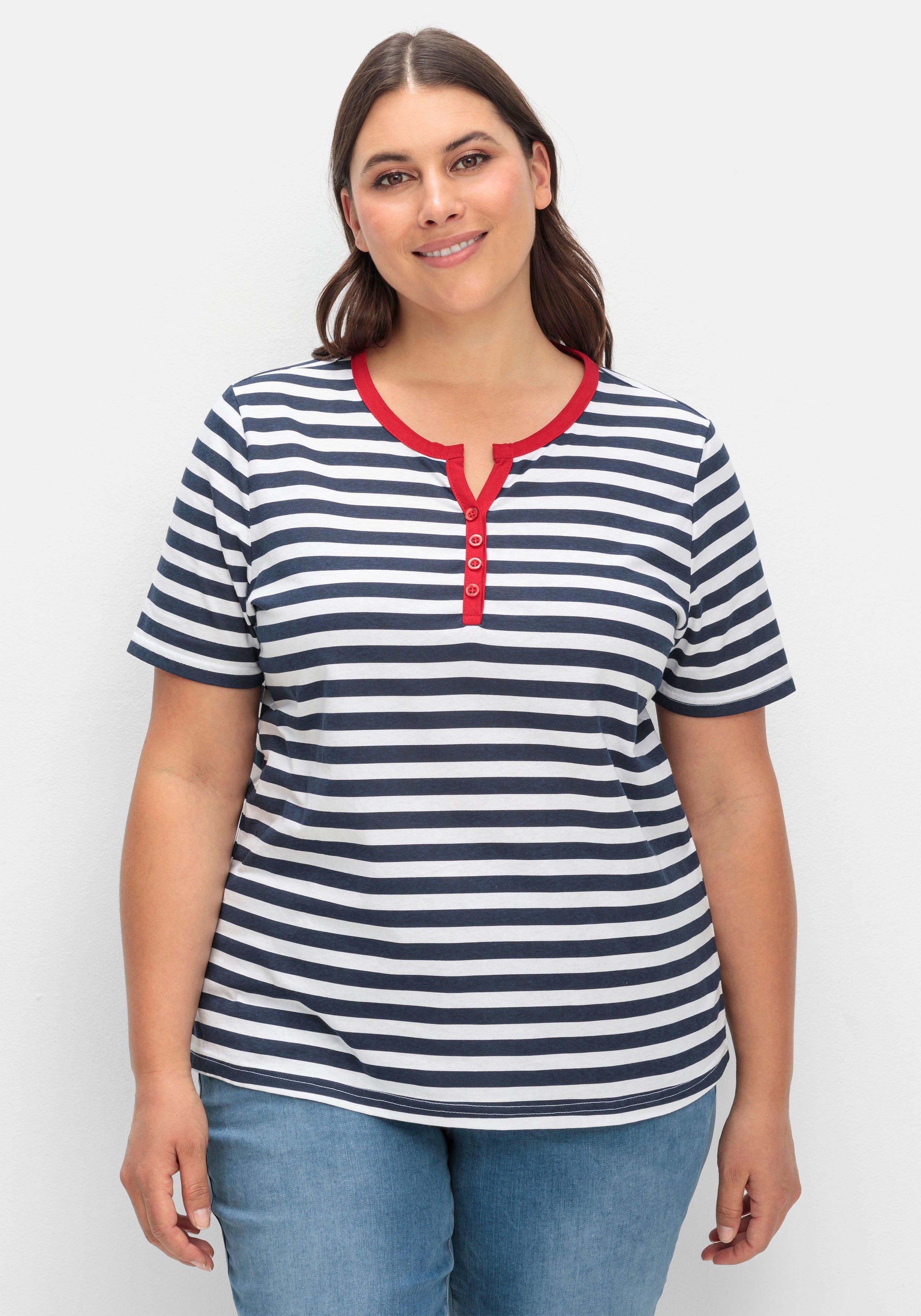 sheego Streifenshirt mit kurzer Zierknopfleiste - marine gestreift sheego