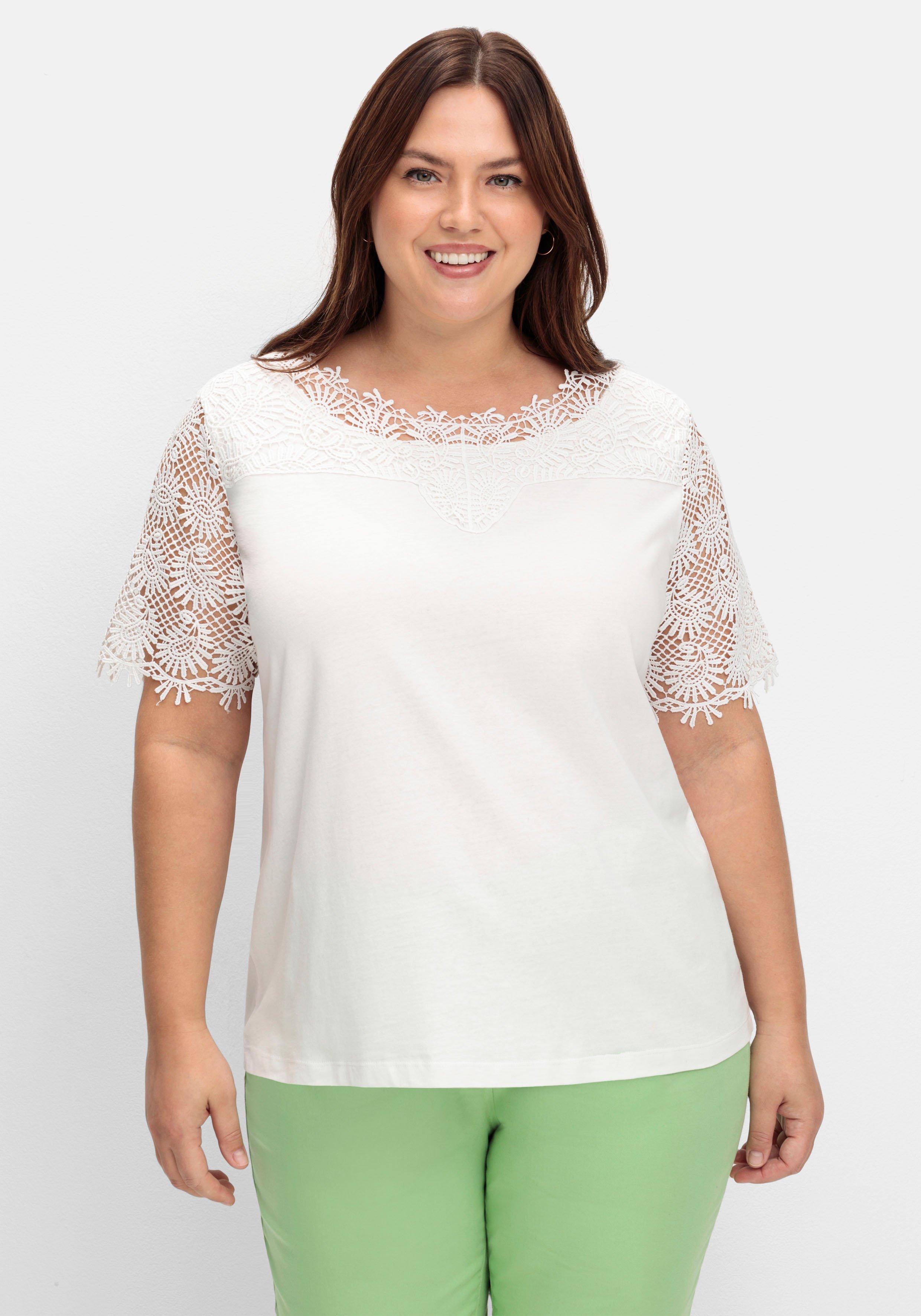 sheego Shirt mit transparentem Spitzenbesatz - ecru sheego