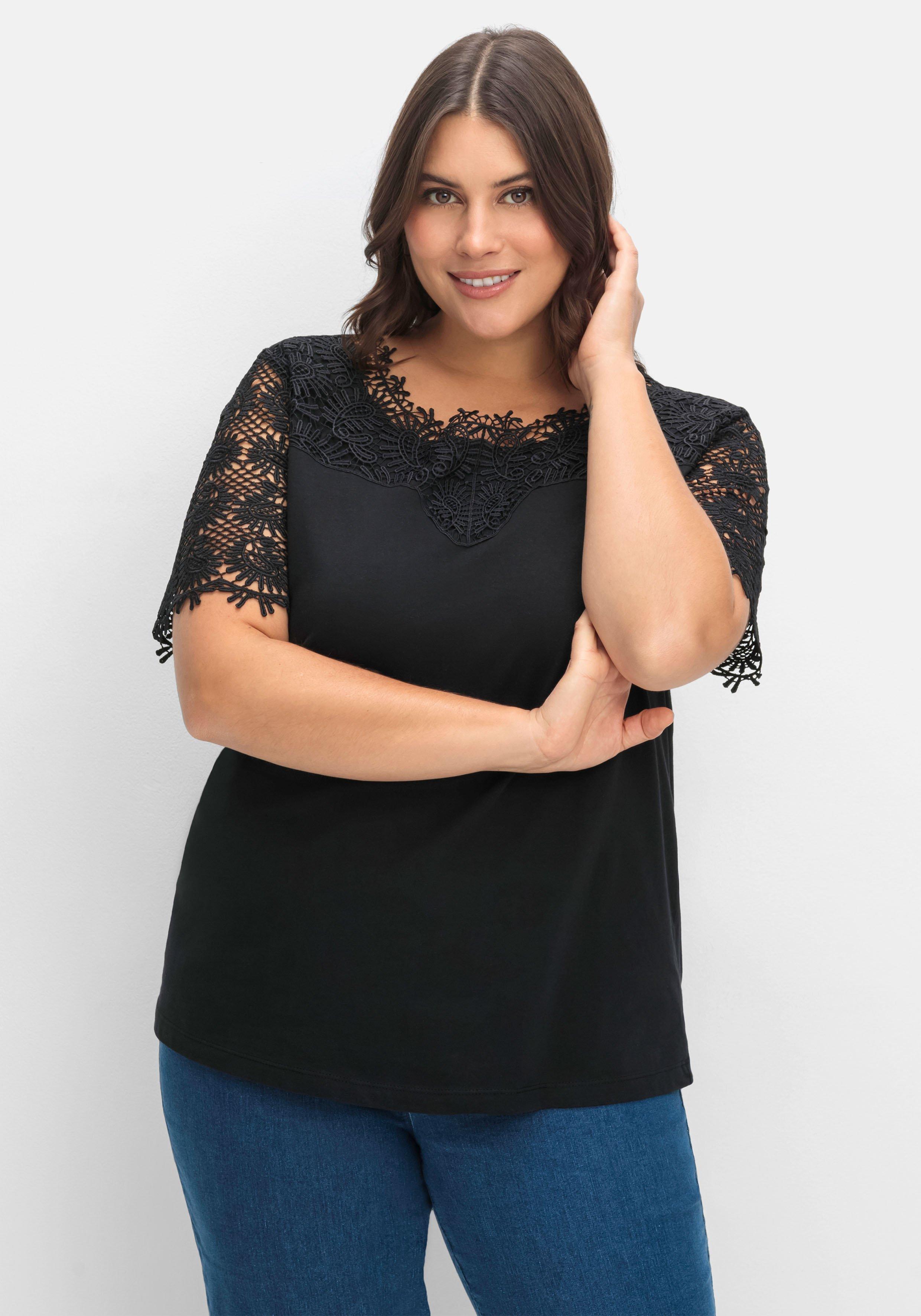 sheego Shirt mit transparentem Spitzenbesatz - schwarz sheego