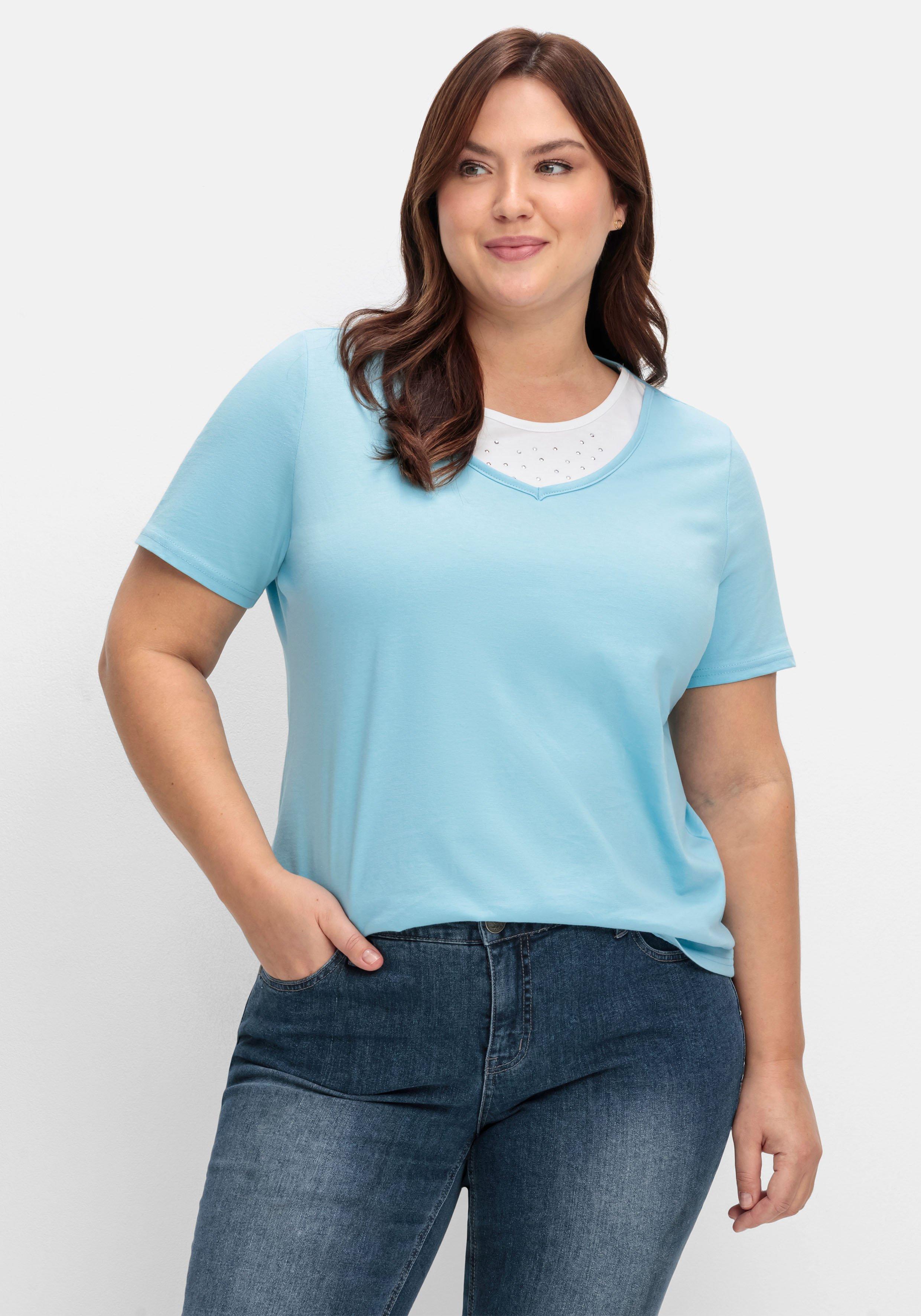 sheego Kurzarmshirt in Layeroptik mit Ziernieten - aqua sheego