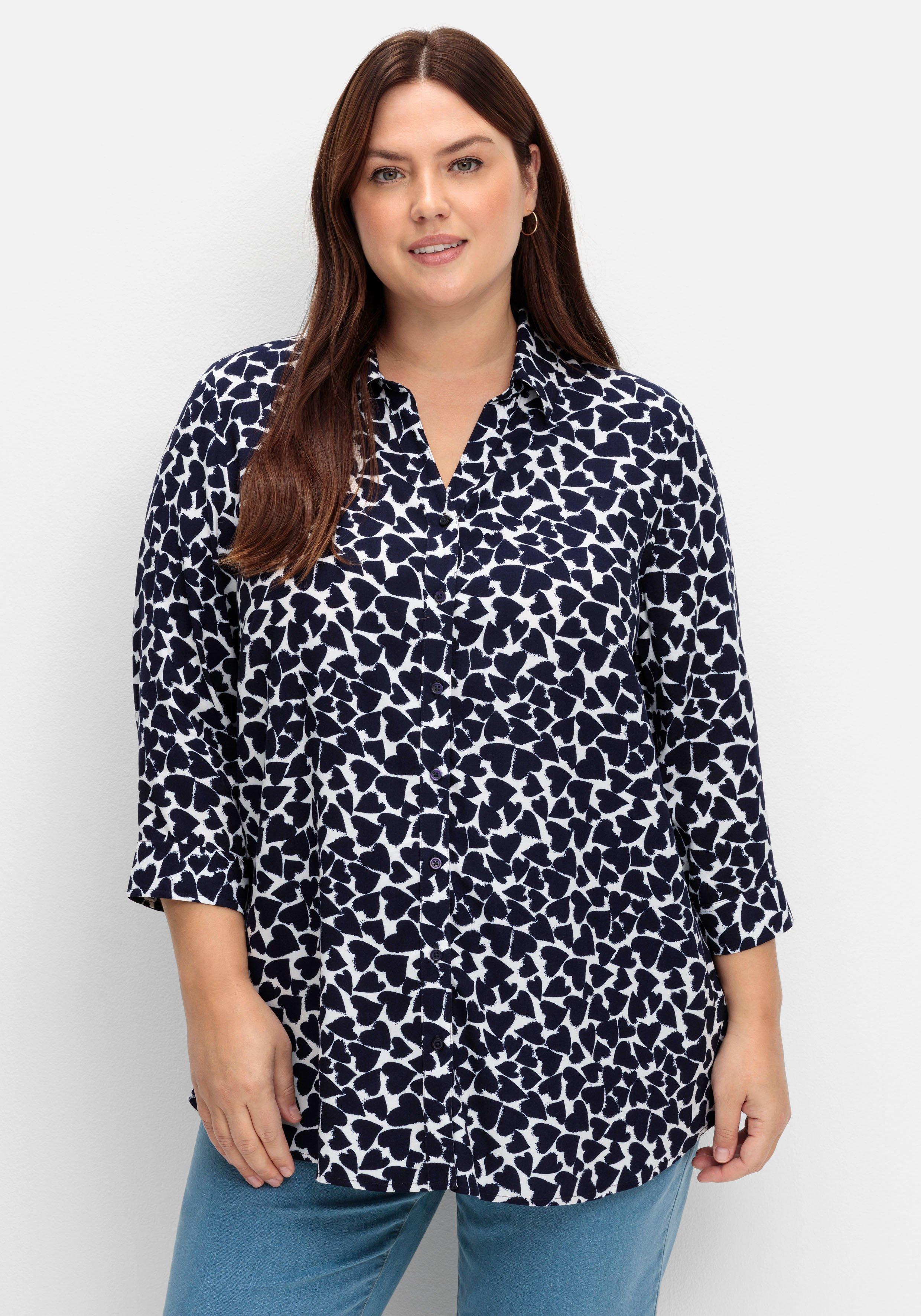 sheego Bluse mit Herz-Alloverprint und 3/4-Ärmeln - marine gemustert sheego