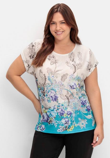 Shirt mit Blumenprint, in bügelfreier Qualität - türkis gemustert - 40