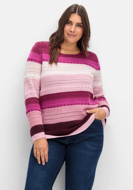 Pullover im Colorblocking und Ajourstrickmuster - rosé gestreift - 54