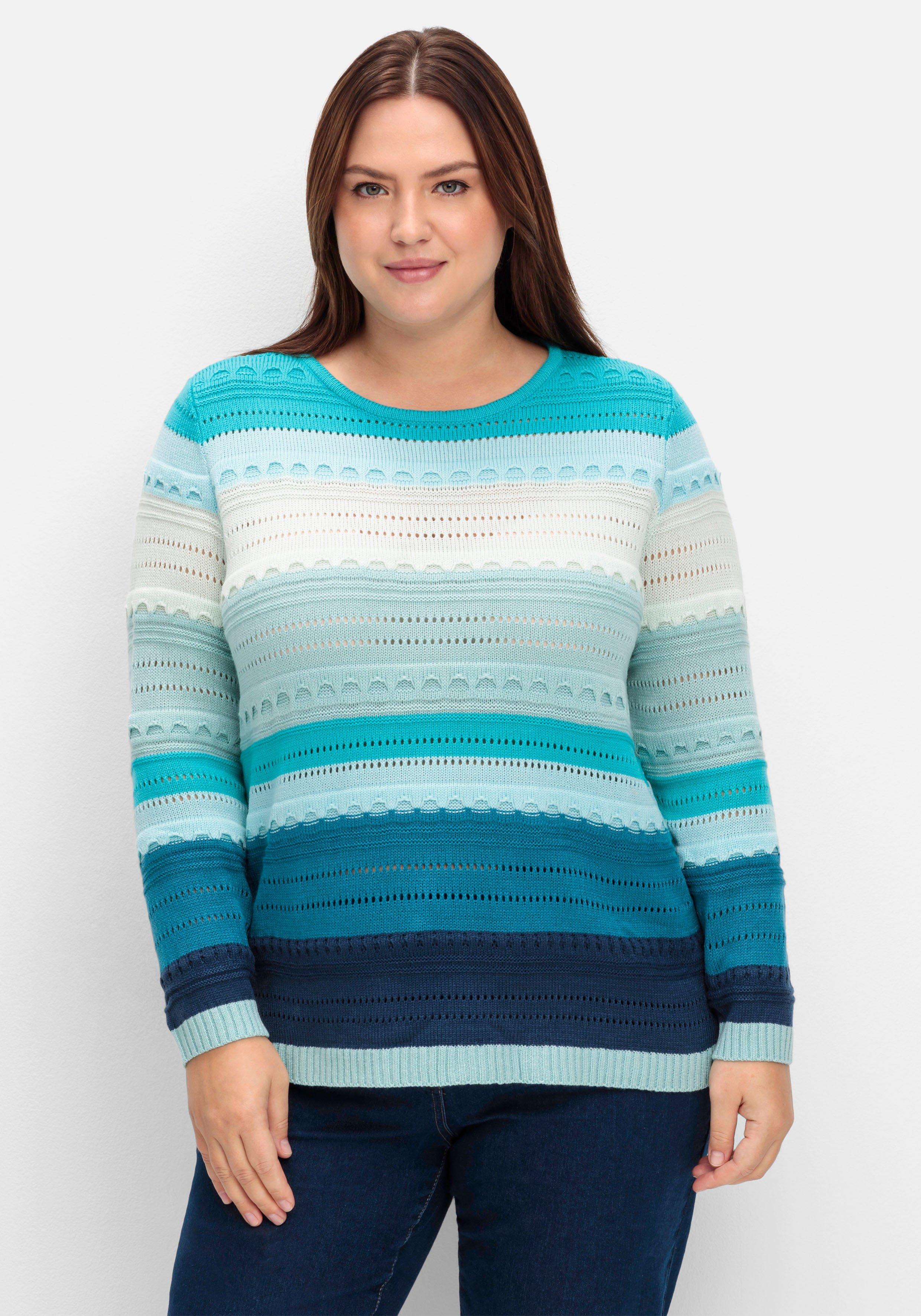 sheego Pullover im Colorblocking und Ajourstrickmuster - mint gestreift sheego