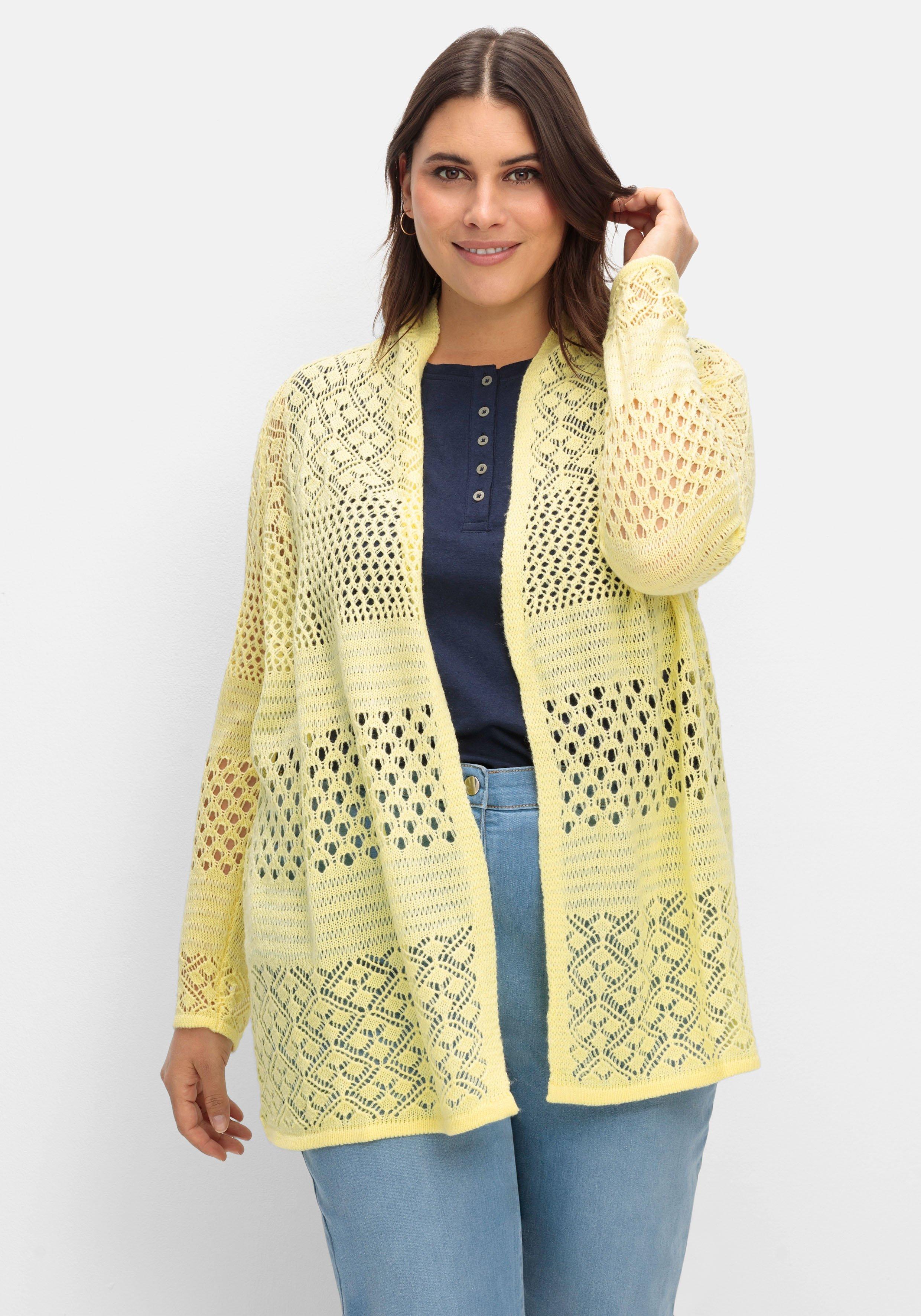 sheego Strickjacke mit Ajourmuster, in offener Form - hellgelb sheego