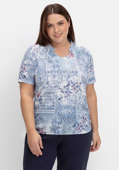Shirt mit Alloverprint und V-Ausschnitt - blau gemustert - 40