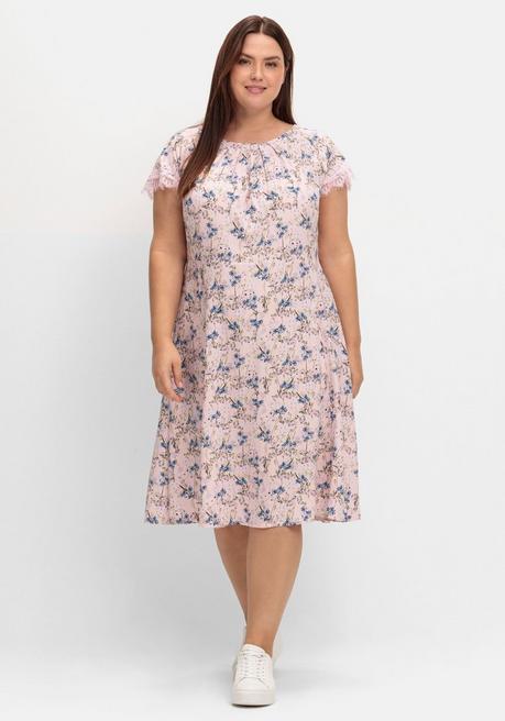 Kleid mit Blumenprint und Spitze am Ärmel - rosé gemustert - 40